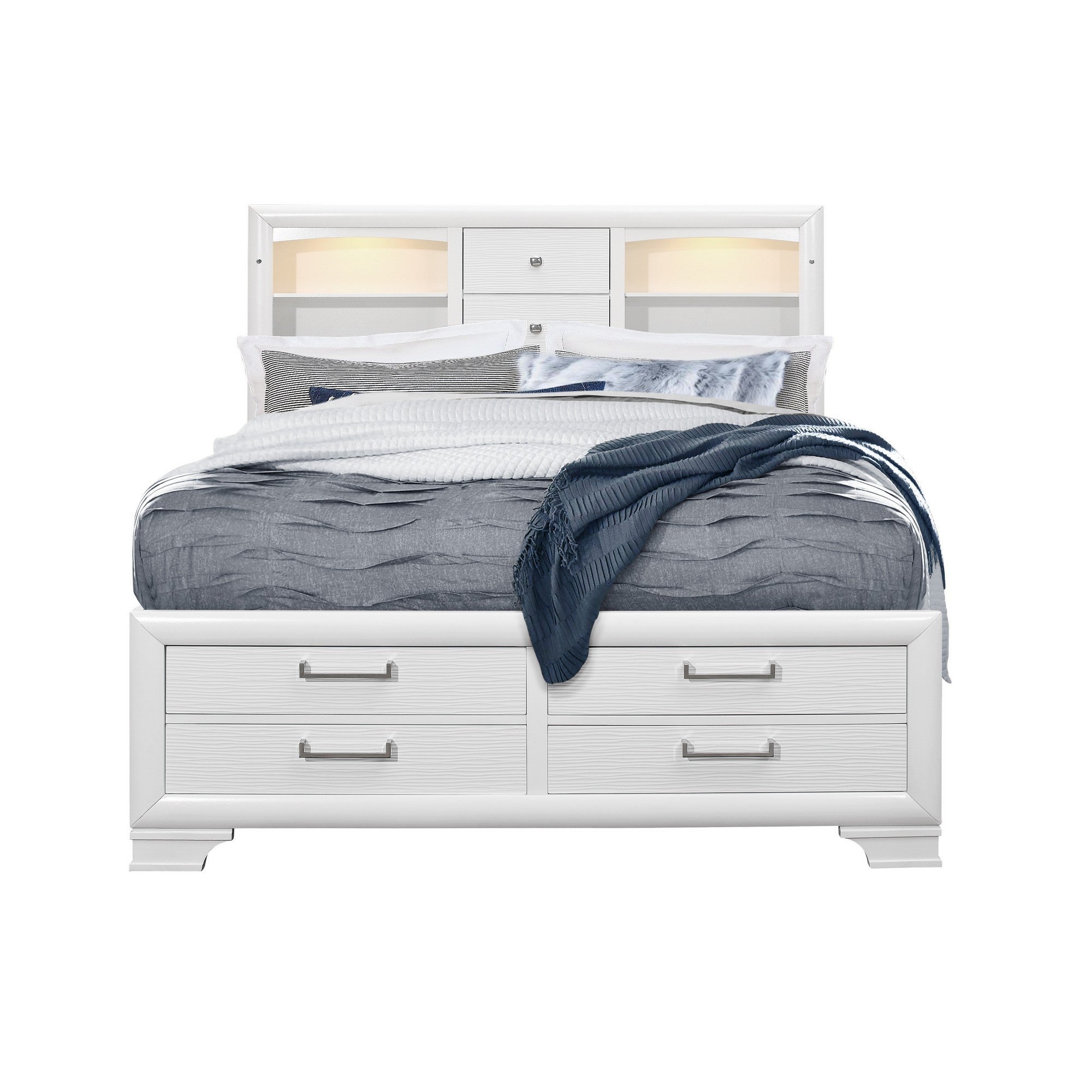 White Rubberwood Full Bed with bookshelves Headboard  LED lightning  6 Drawers