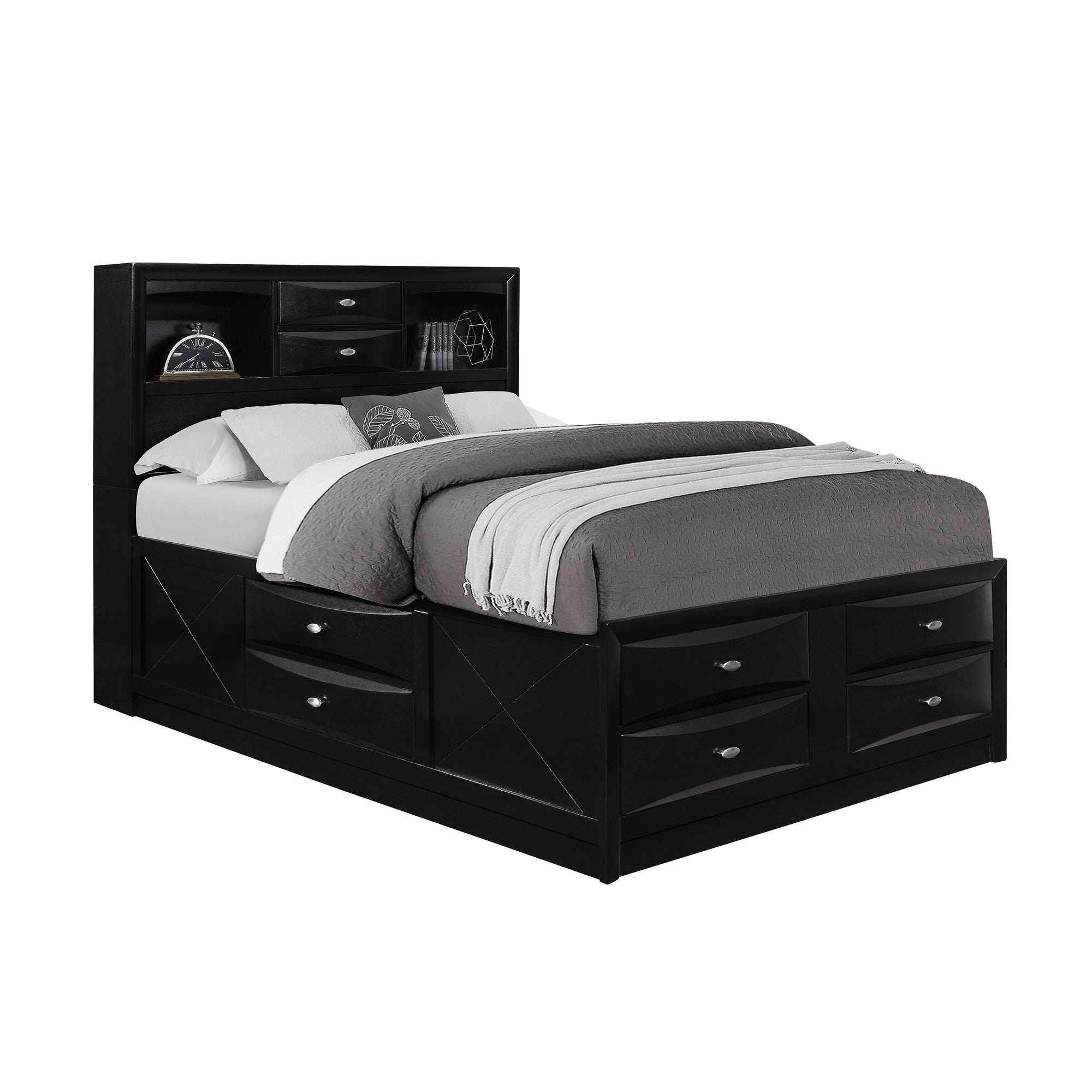 Black Veneer Full Bed with bookcase headboard  10 drawers