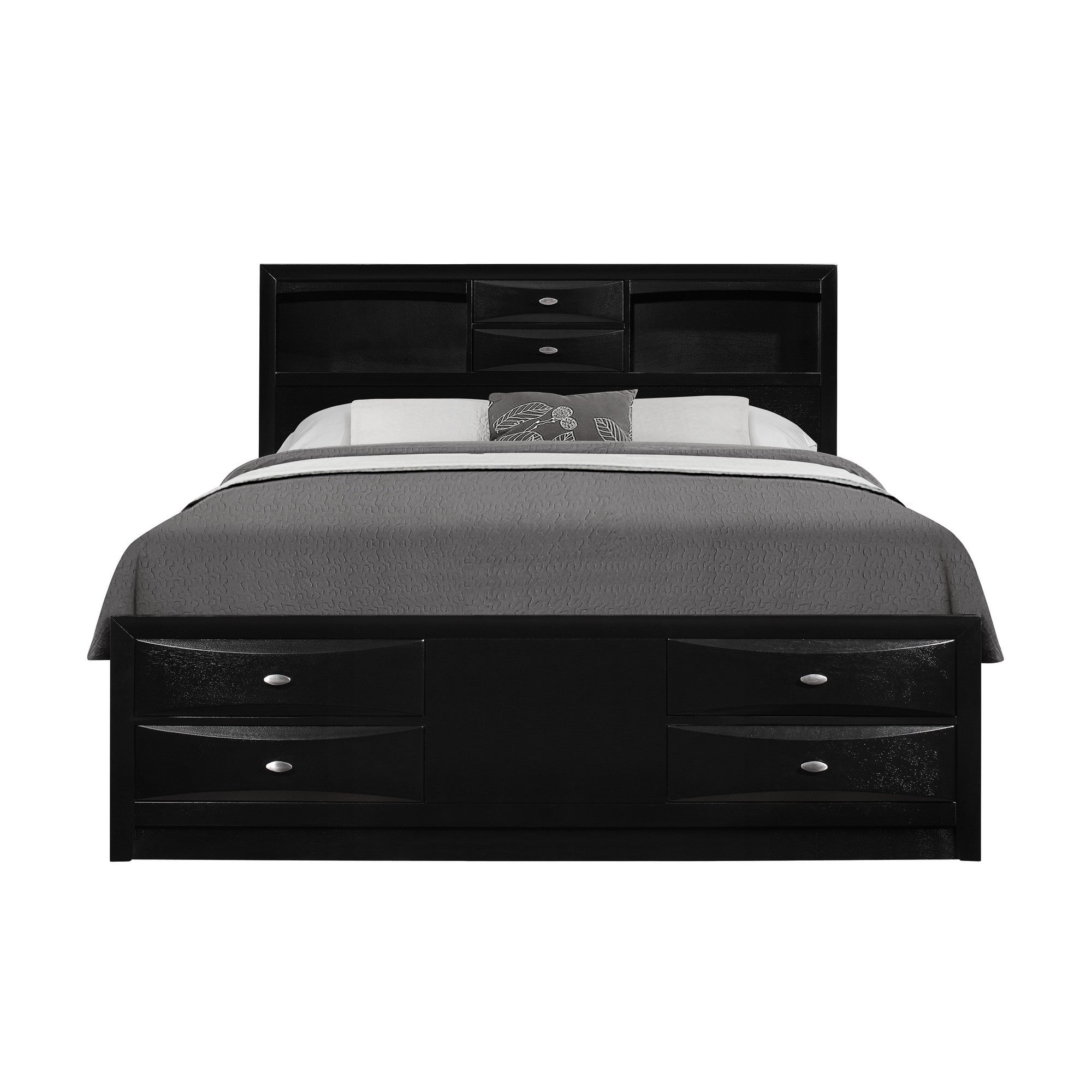 Black Veneer King Bed with bookcase headboard  10 drawers