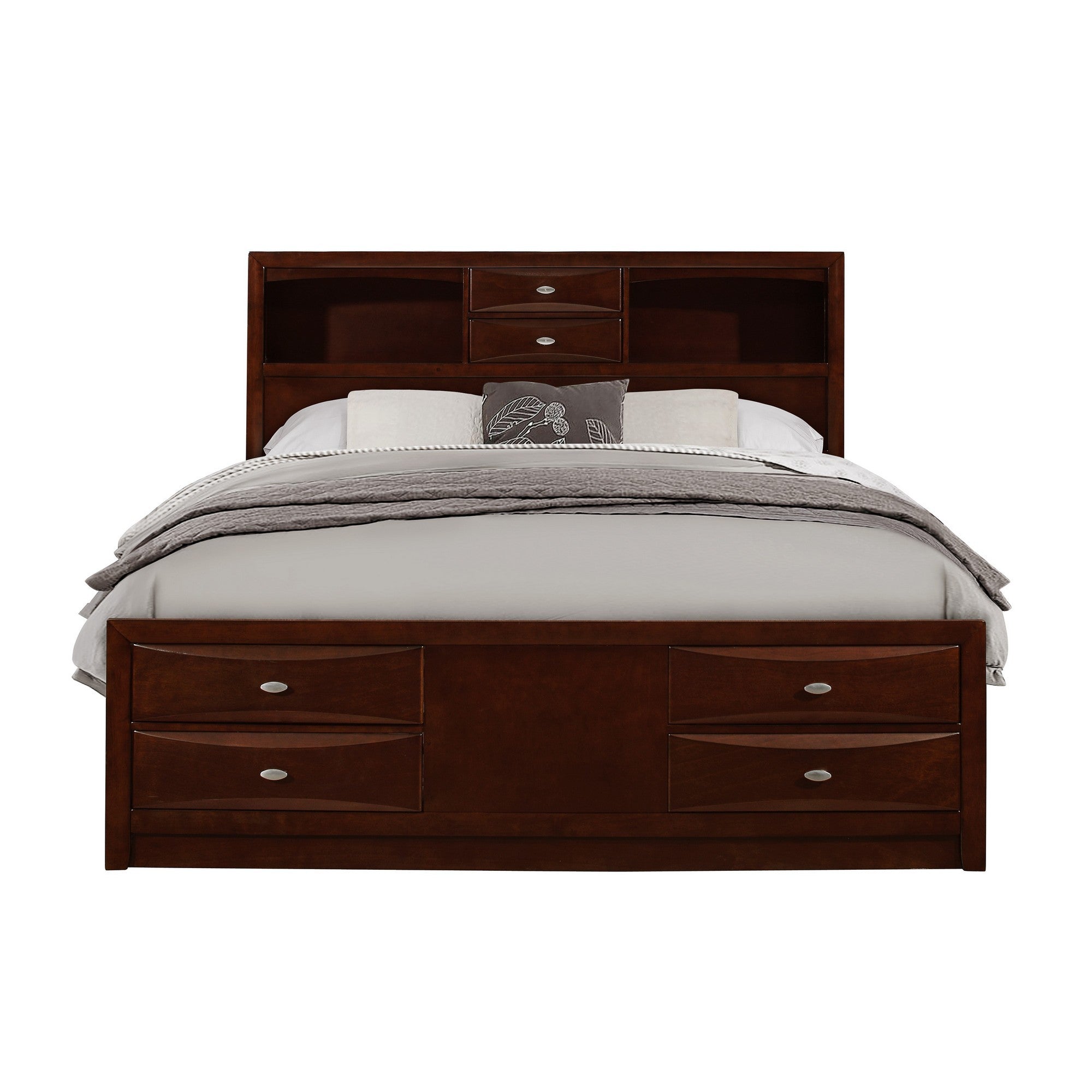 New Merlot veneer Queen Bed with bookcase headboard  10 drawers