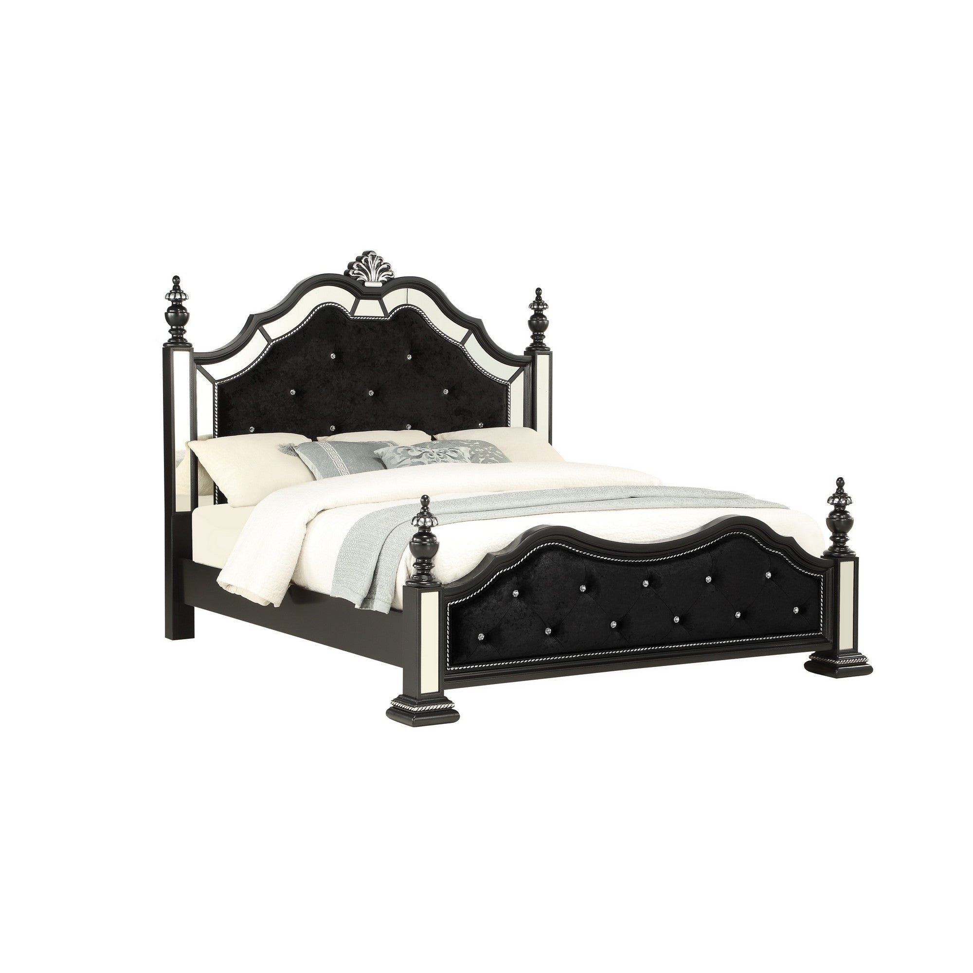 Black Felt finish Queen Bed with crystal mirrored embellished
