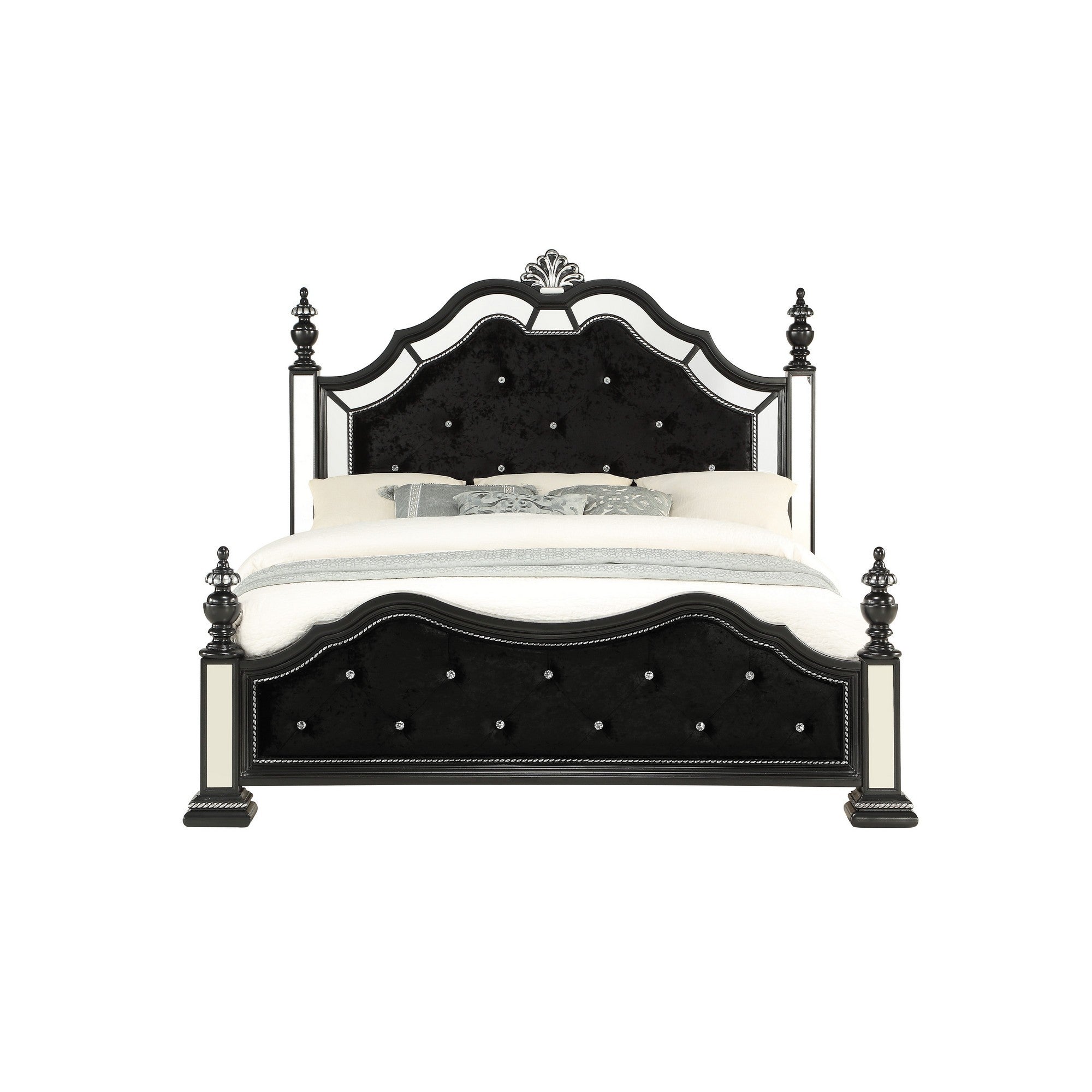 Black Felt finish King Bed with crystal mirrored embellished