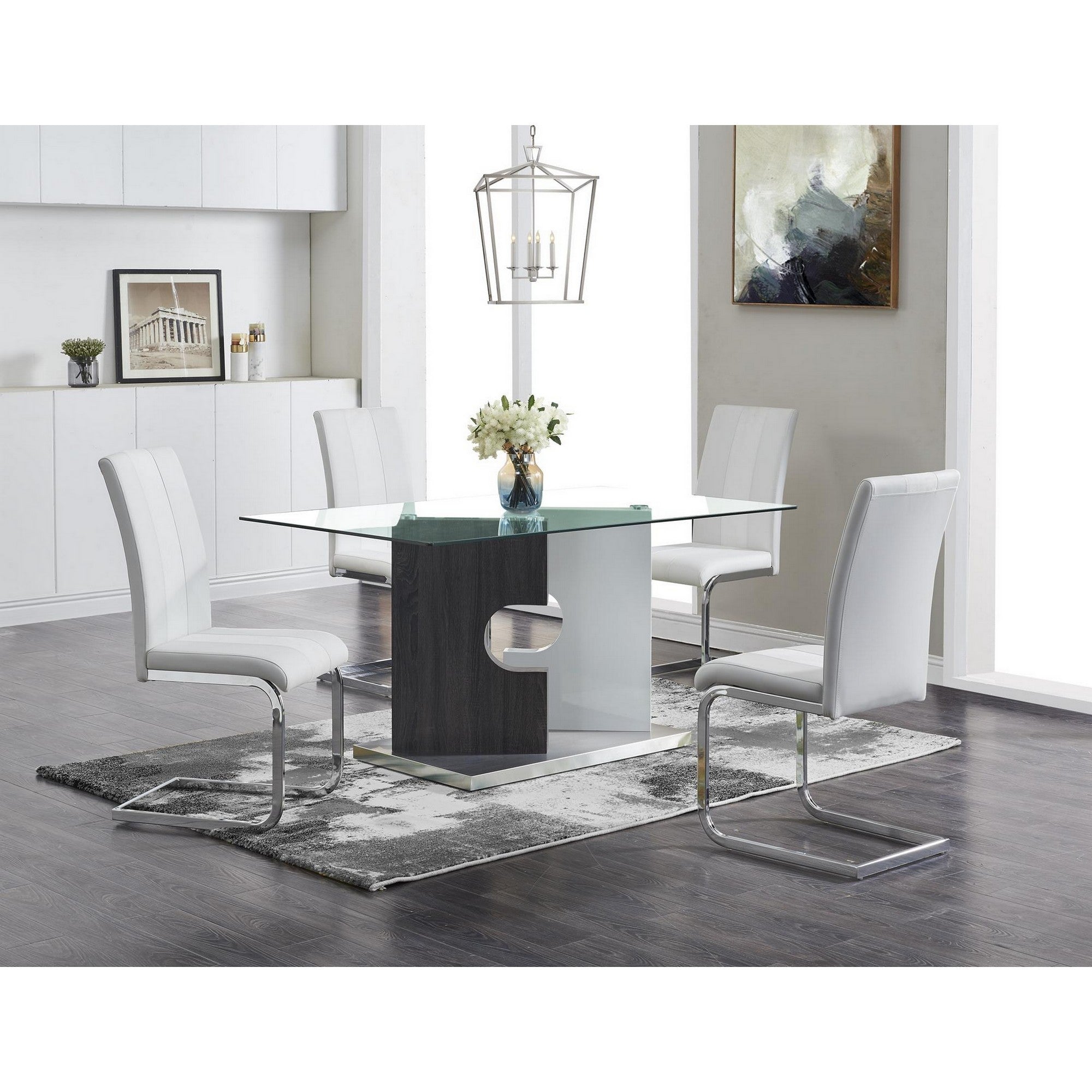 Contemporary Puzzle Gray and White Double Base Glass Dining Table