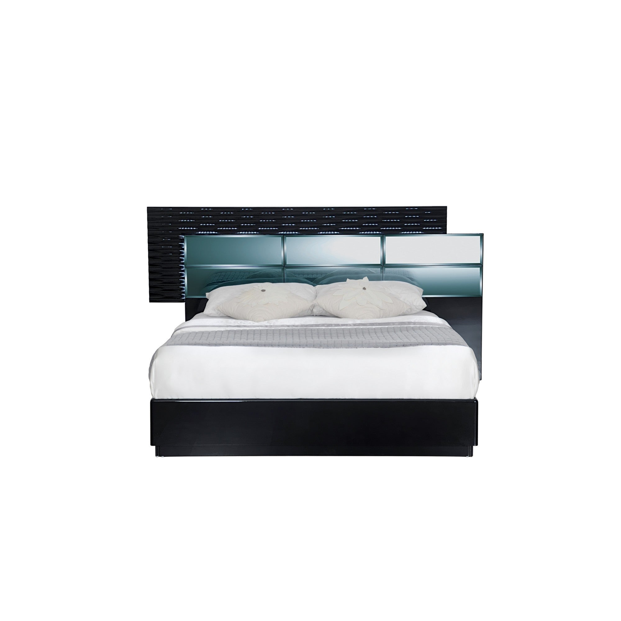 Modern Black Queen Bed with Headboard  LED lightning  Smoked Mirrored Panels