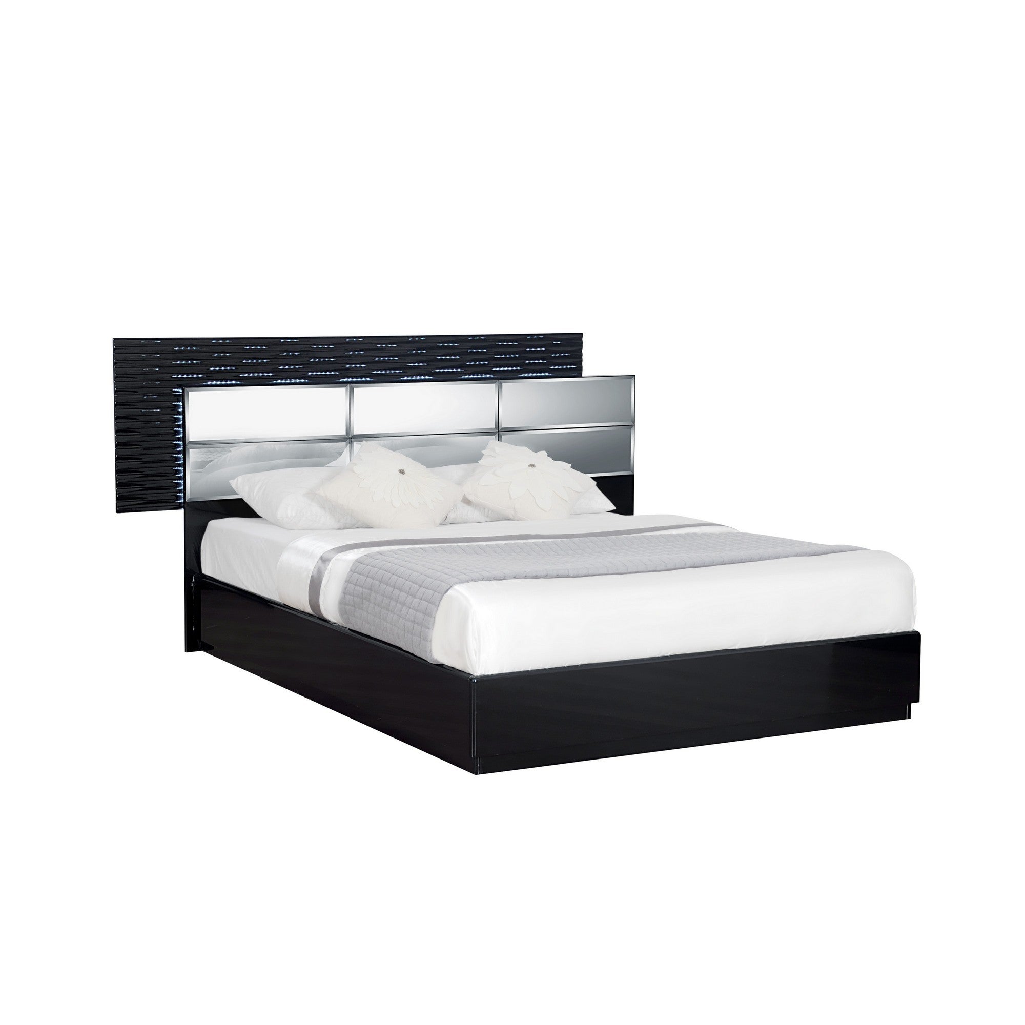 Modern Black King Bed with Headboard  LED lightning  Smoked Mirrored Panels