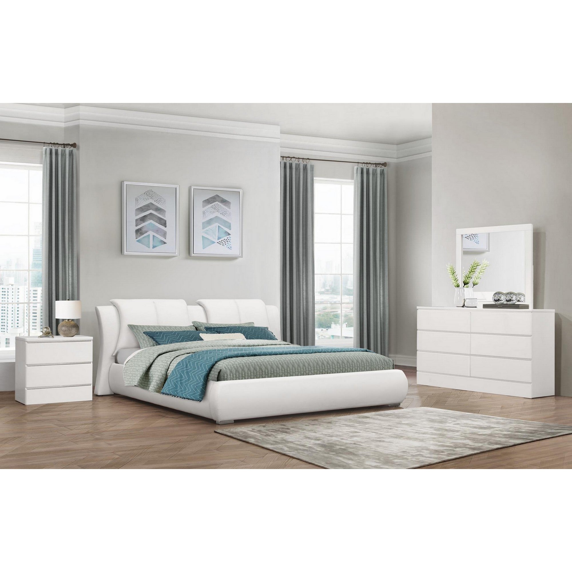 White Faux Leather Queen Bed in Curved Padded Headboard