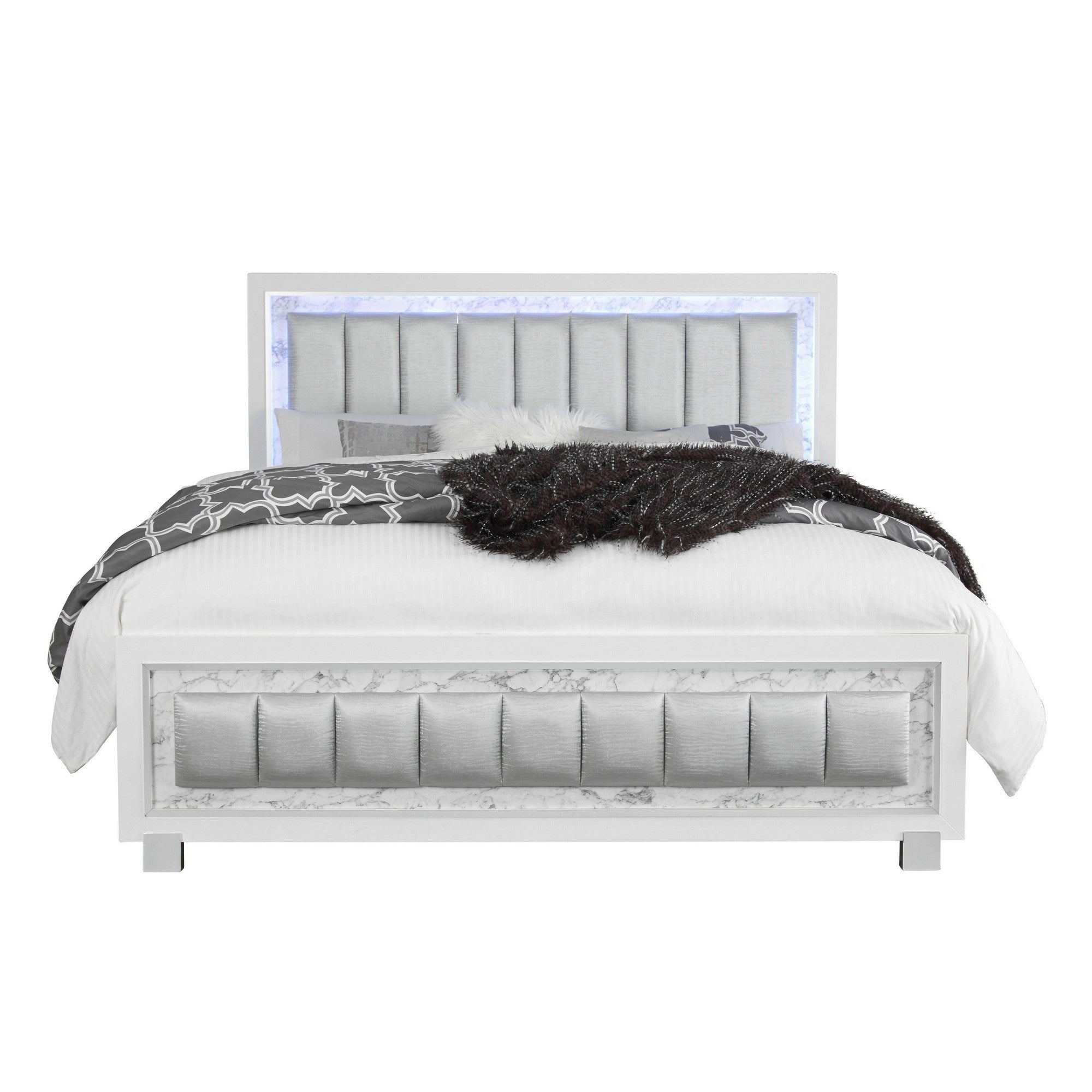 Modern Luxurious White Full Bed with Padded Headboard  LED Lightning