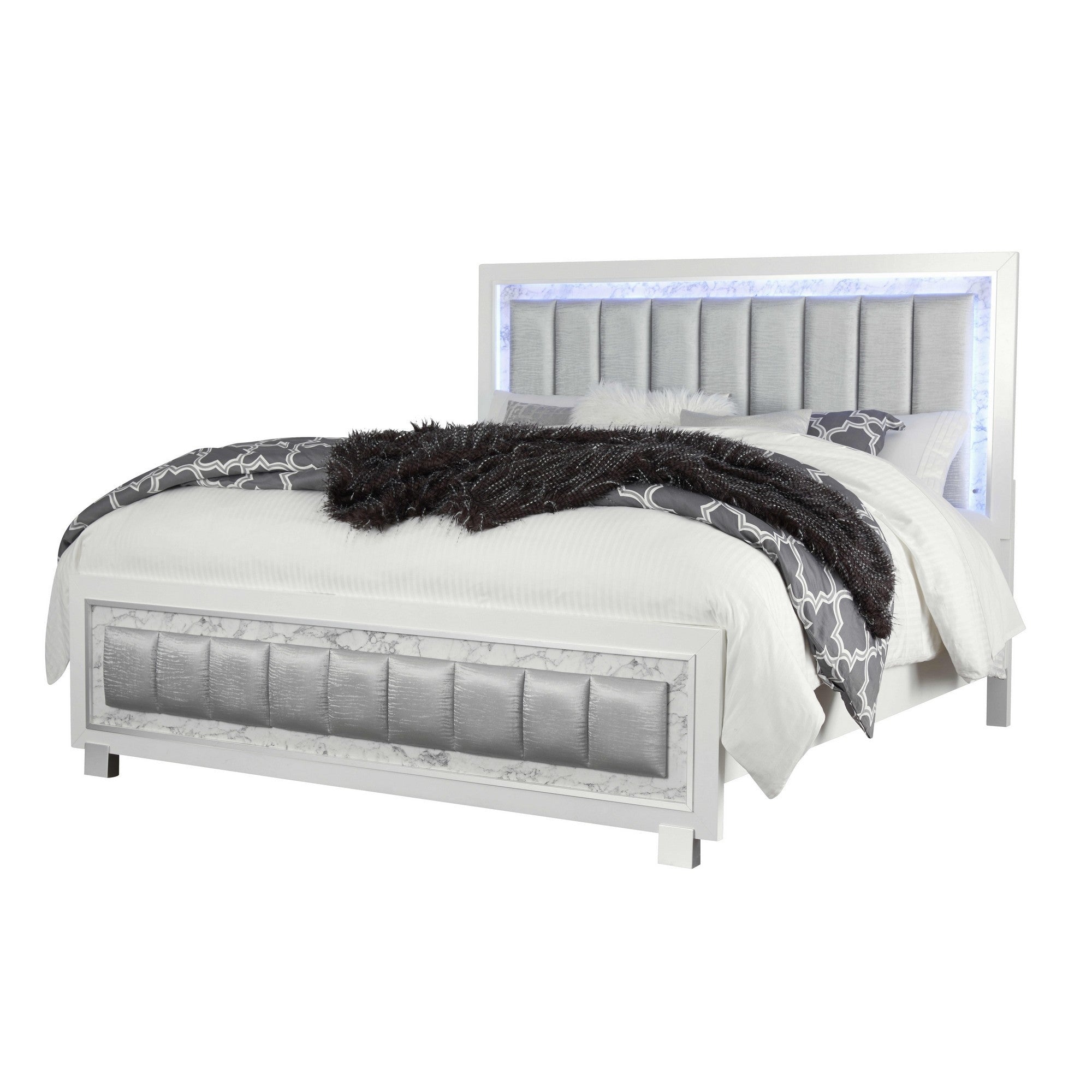 Modern Luxurious White Full Bed with Padded Headboard  LED Lightning