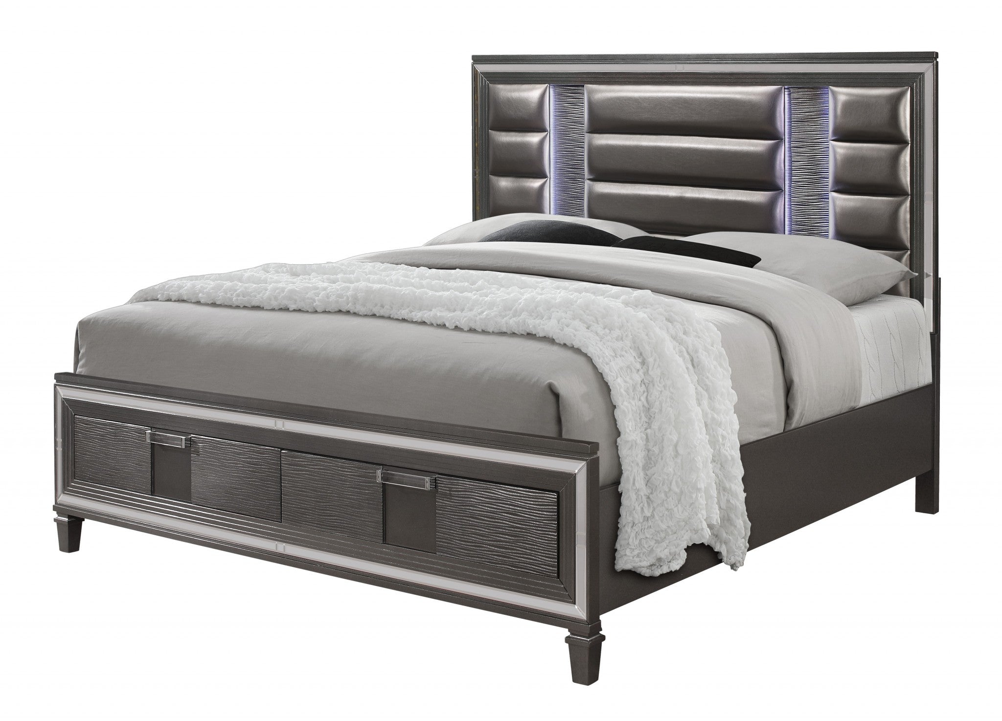 Majestic Metallic Grey Queen Bed with LED Lightning Upholstered Headboard  2 Footboard Drawer