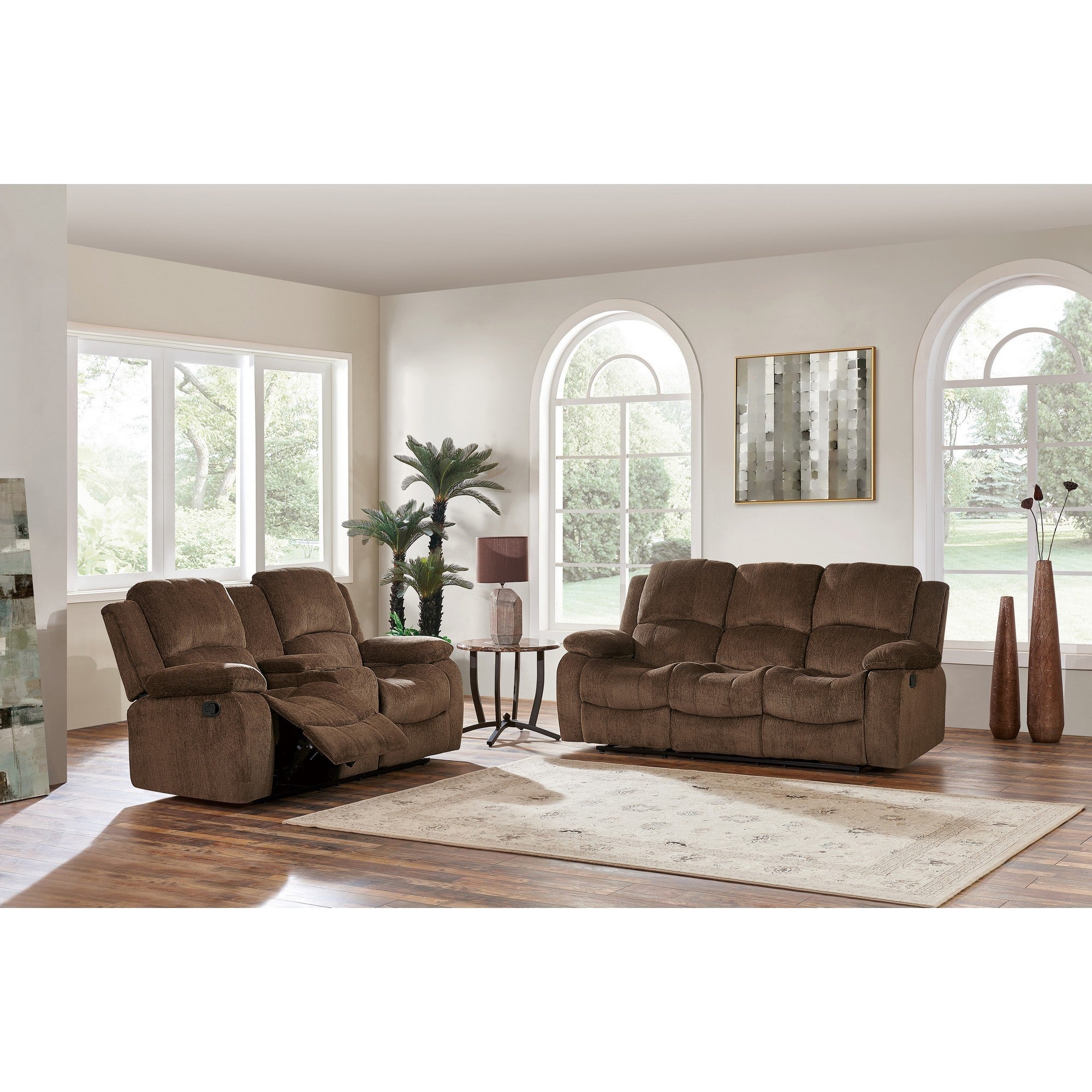 Coffee Brown Chenille Fabric Reclining Loveseat with Center Console and Cup Holders