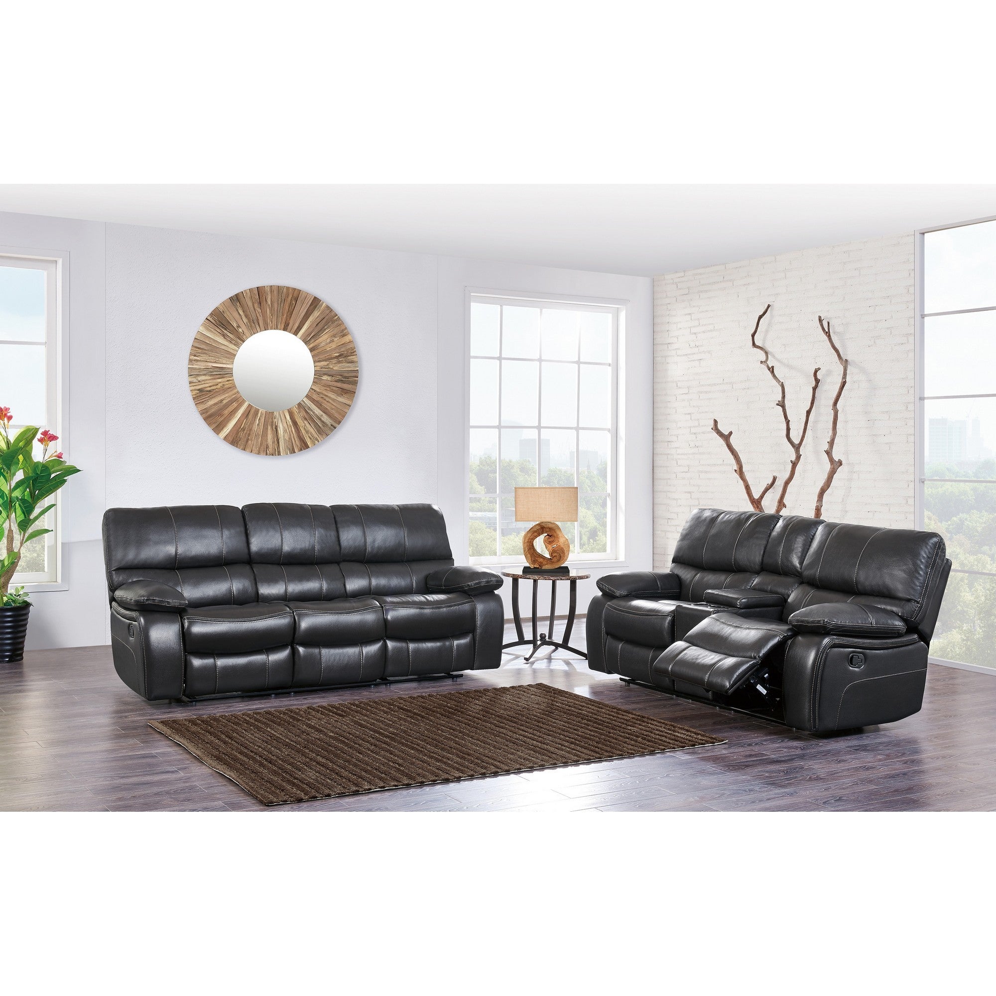 Grey Console Reclining Loveseat in Waterfall Pattern  Deeply Padded seat Cushions and Arm Rests