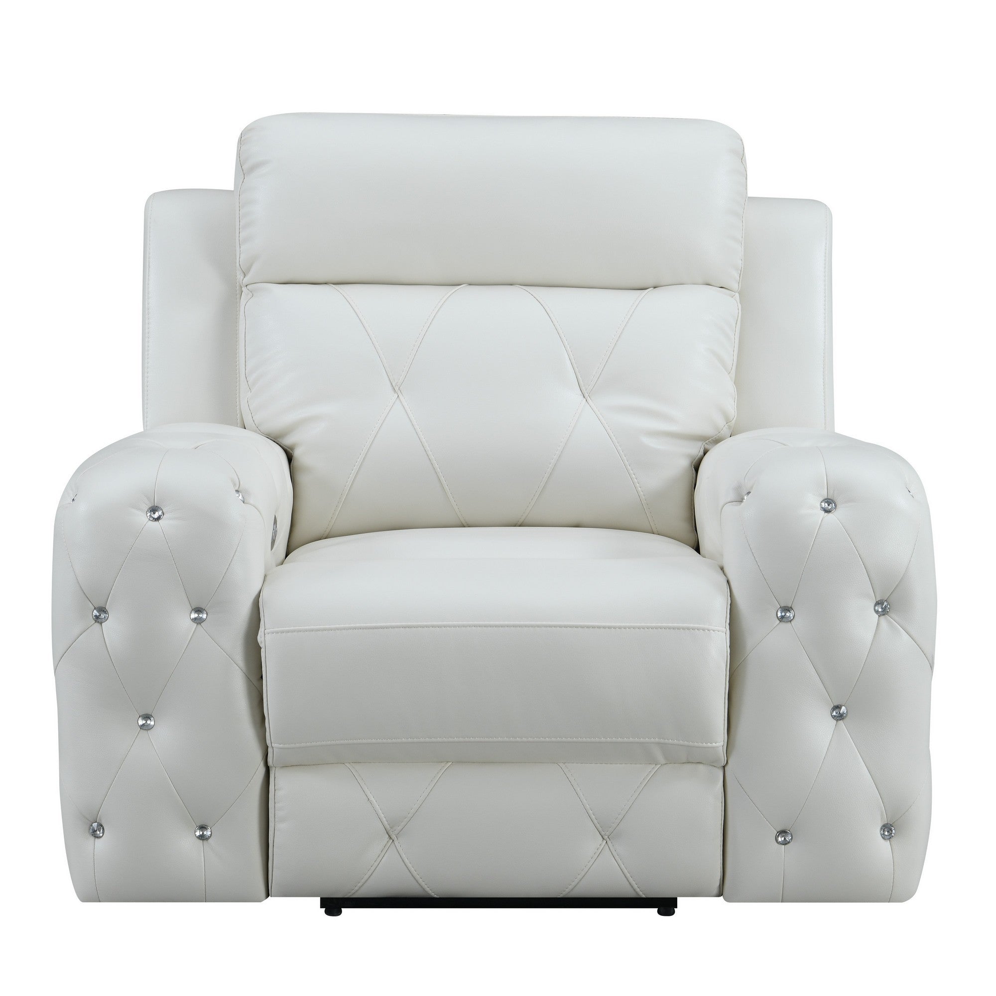 White Leather Gel Cover Power Recliner in Plushily Padded Seats  Jewel Embellished Tufted Design  Along With Recessed Arm