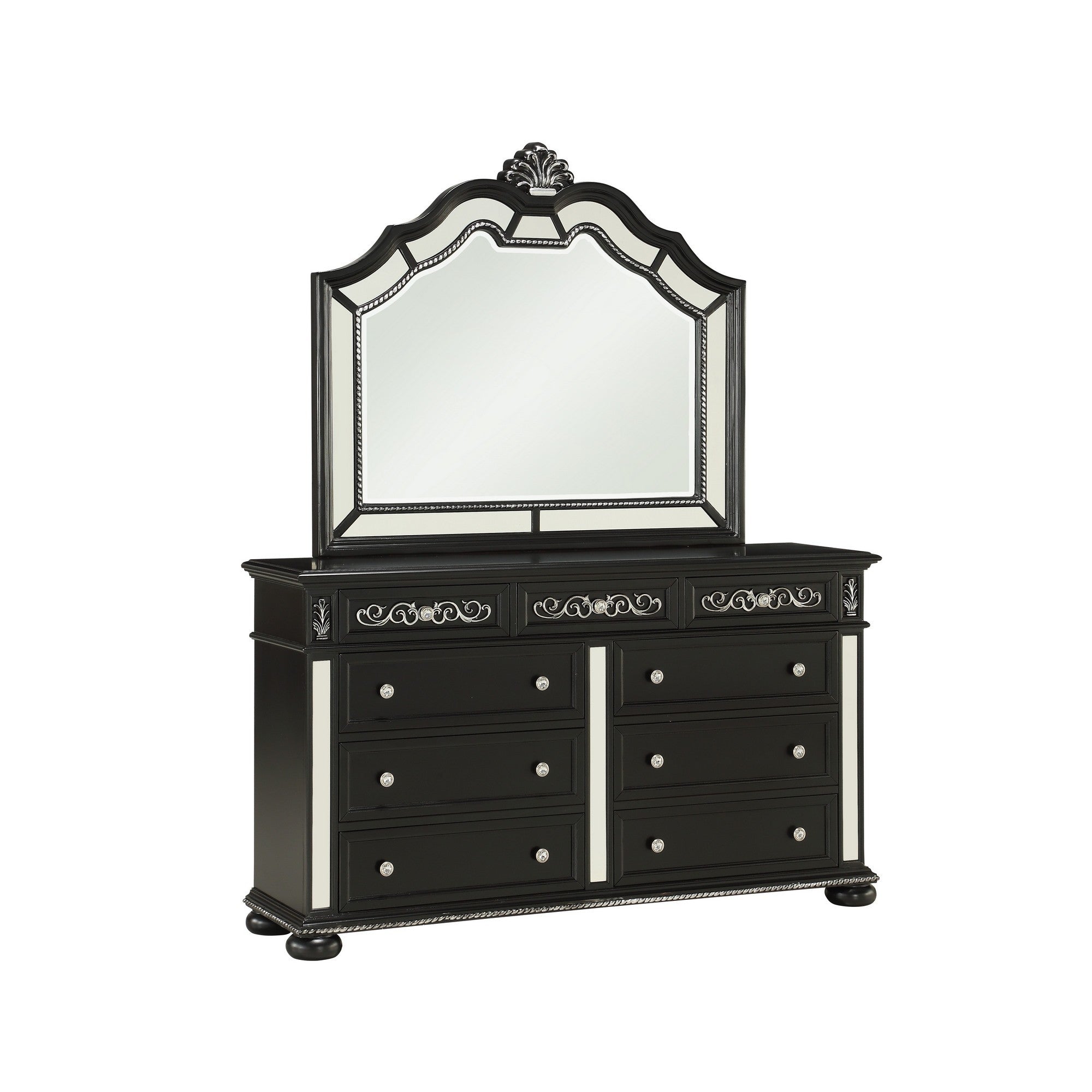 Black Jewel Heirloom Appearance Dresser with Intricate Carvings  Mirrored Accents  9 Drawer