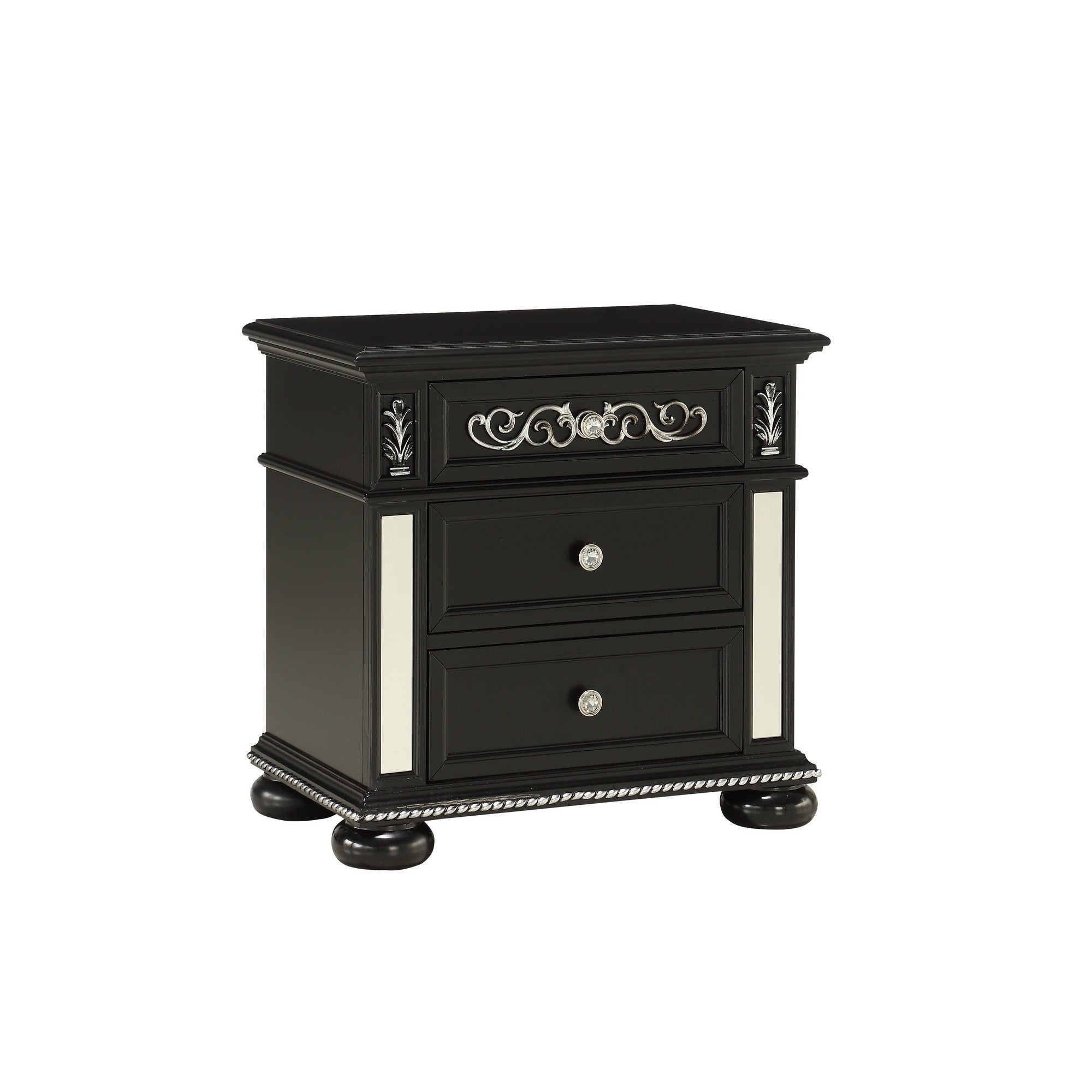 Black Jewel Heirloom Appearance Nightstant with Intricate Carvings  Mirrored Accents  2 Drawer