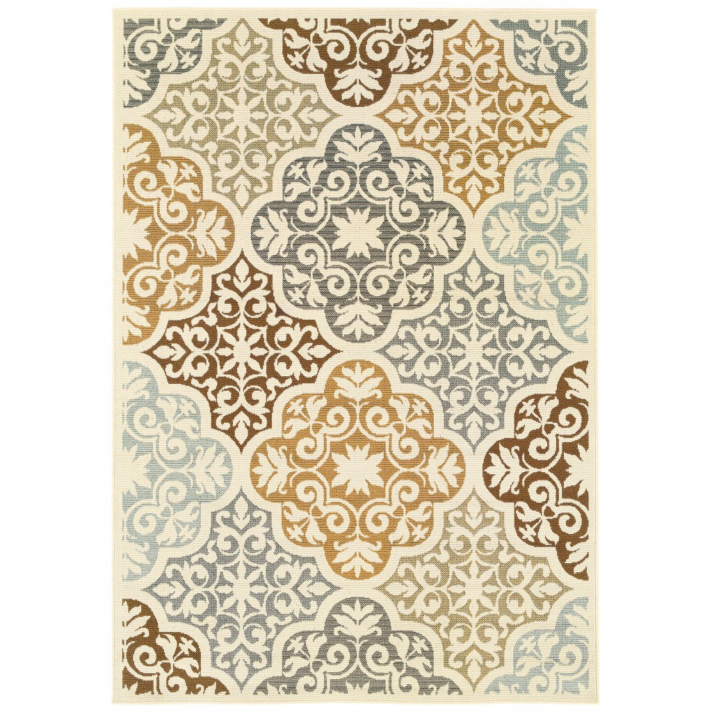 6' x 9' Ivory Grey Floral Medallion Indoor Outdoor Area Rug