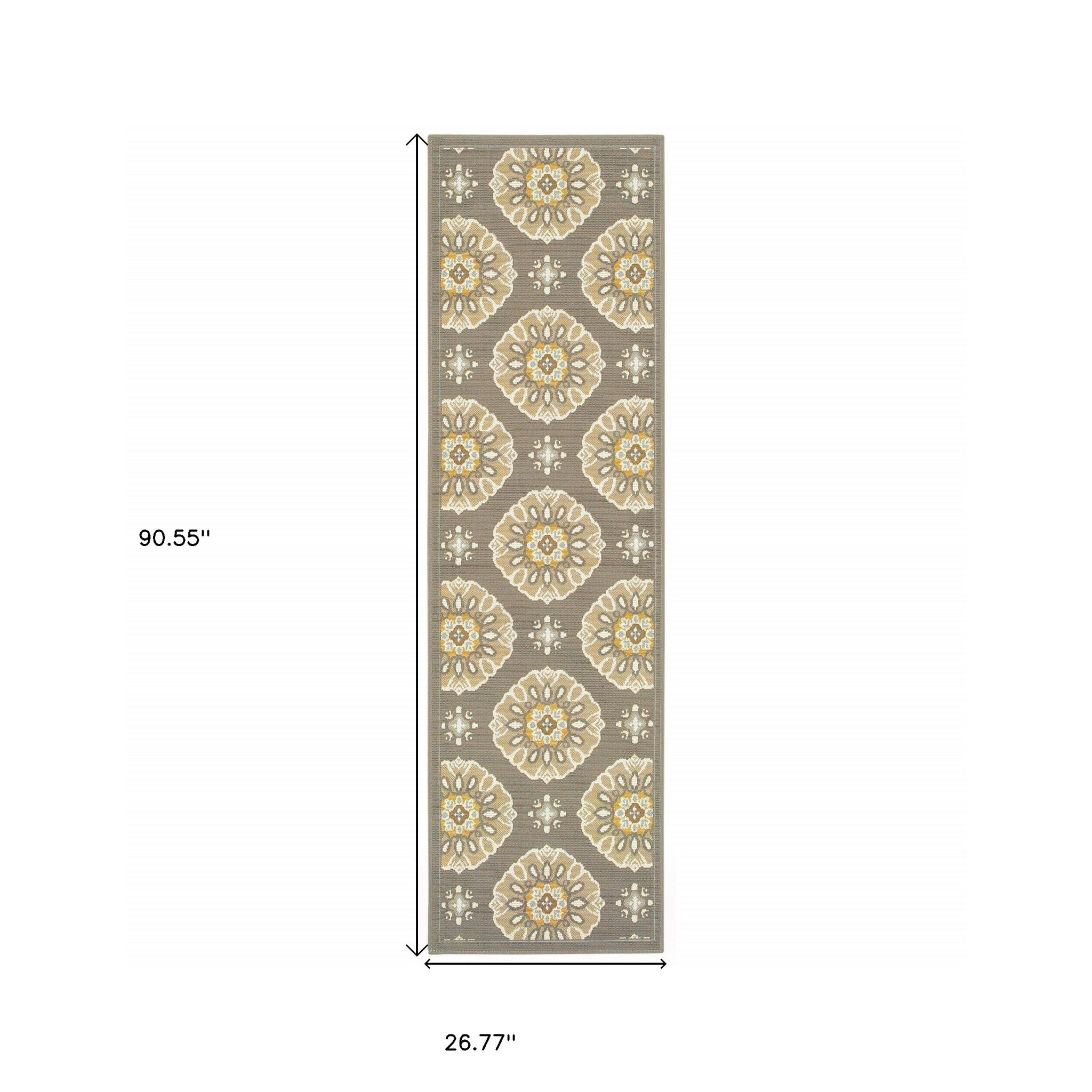 8' Grey Gold Floral Medallion Discs Indoor Outdoor Area Rug Runner Rug