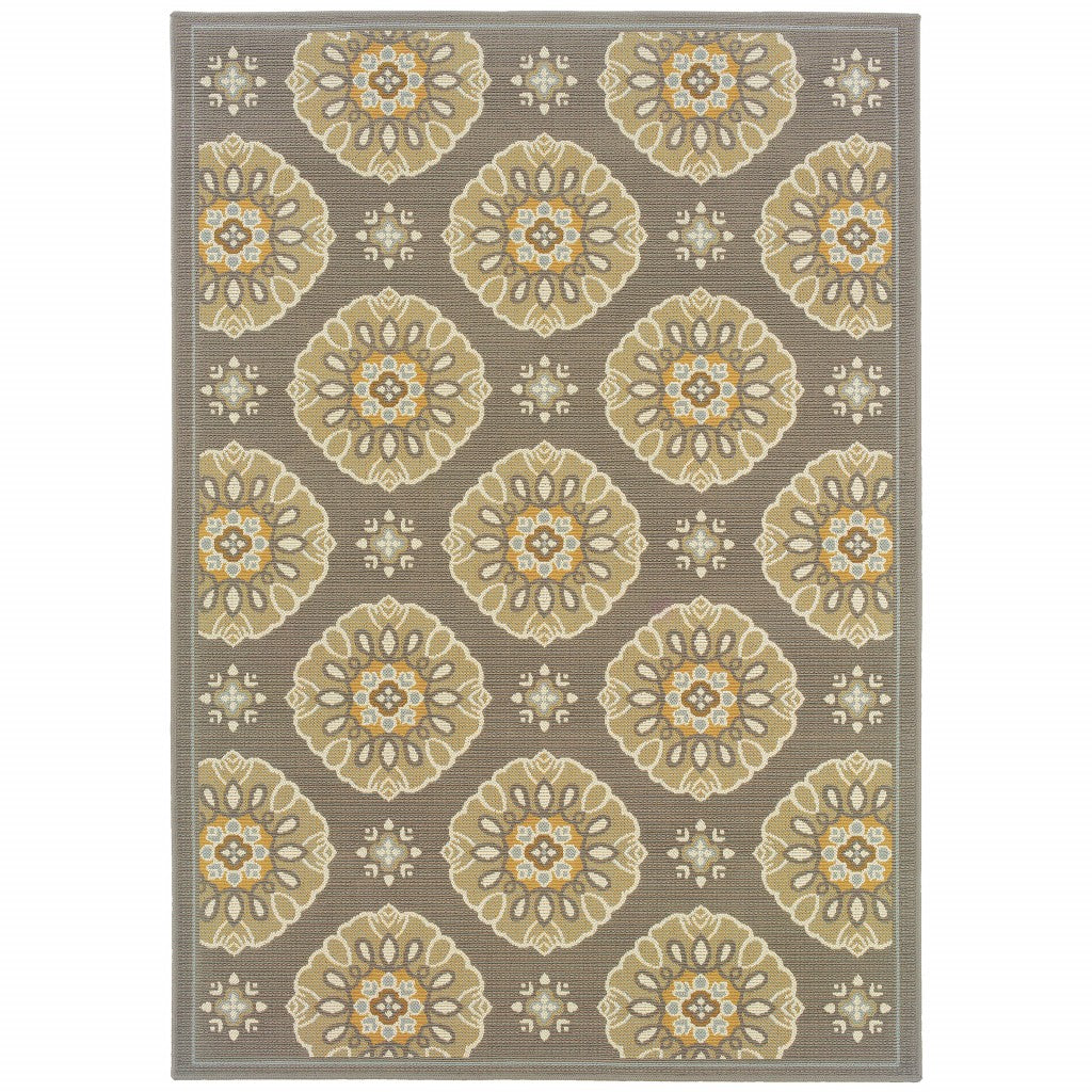 2' x 8' Grey Gold Floral Medallion Discs Indoor Outdoor Area Rug