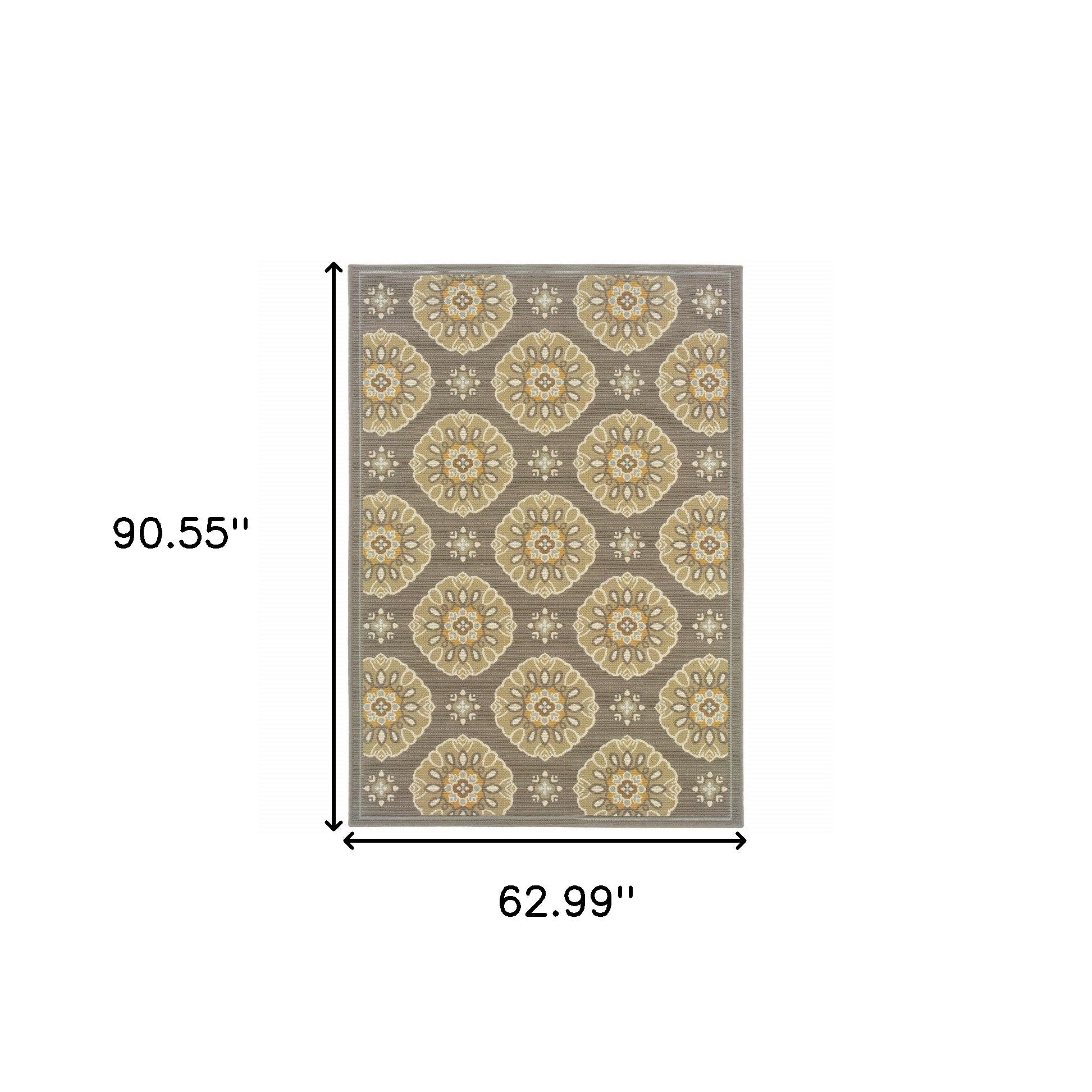 5' x 8' Grey Gold Floral Medallion Discs Indoor Outdoor Area Rug