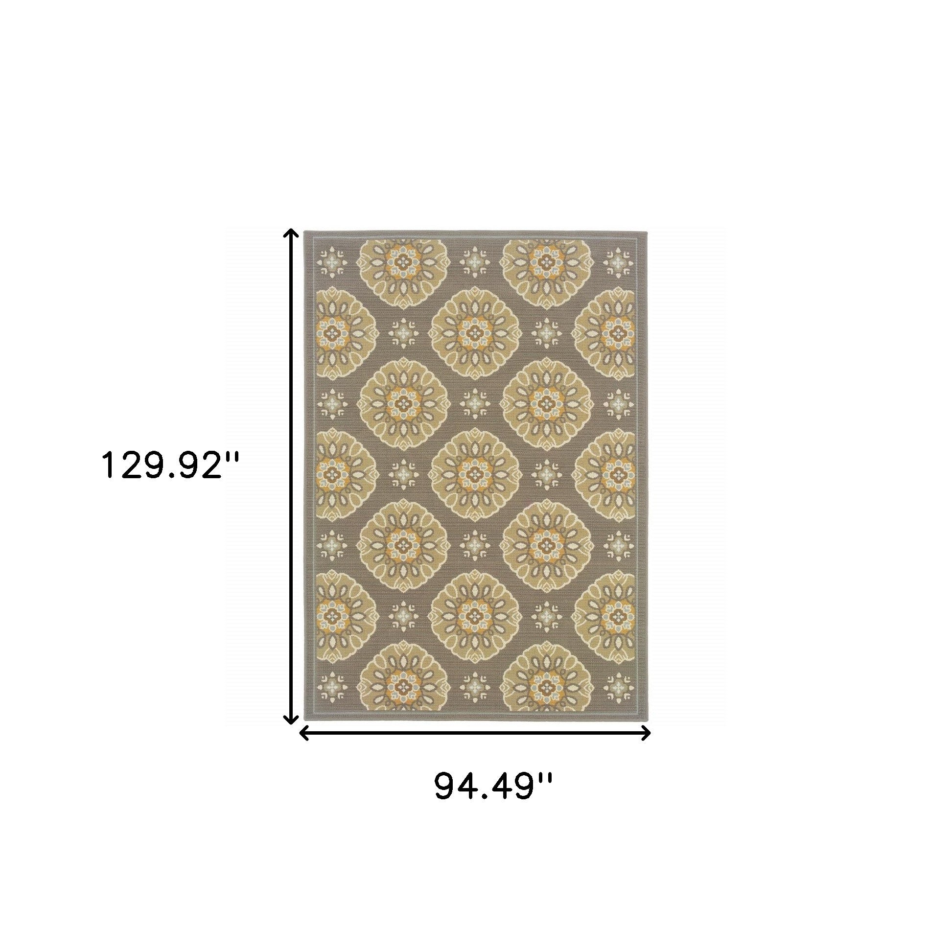 7' x 10' Grey Gold Floral Medallion Discs Indoor Outdoor Area Rug