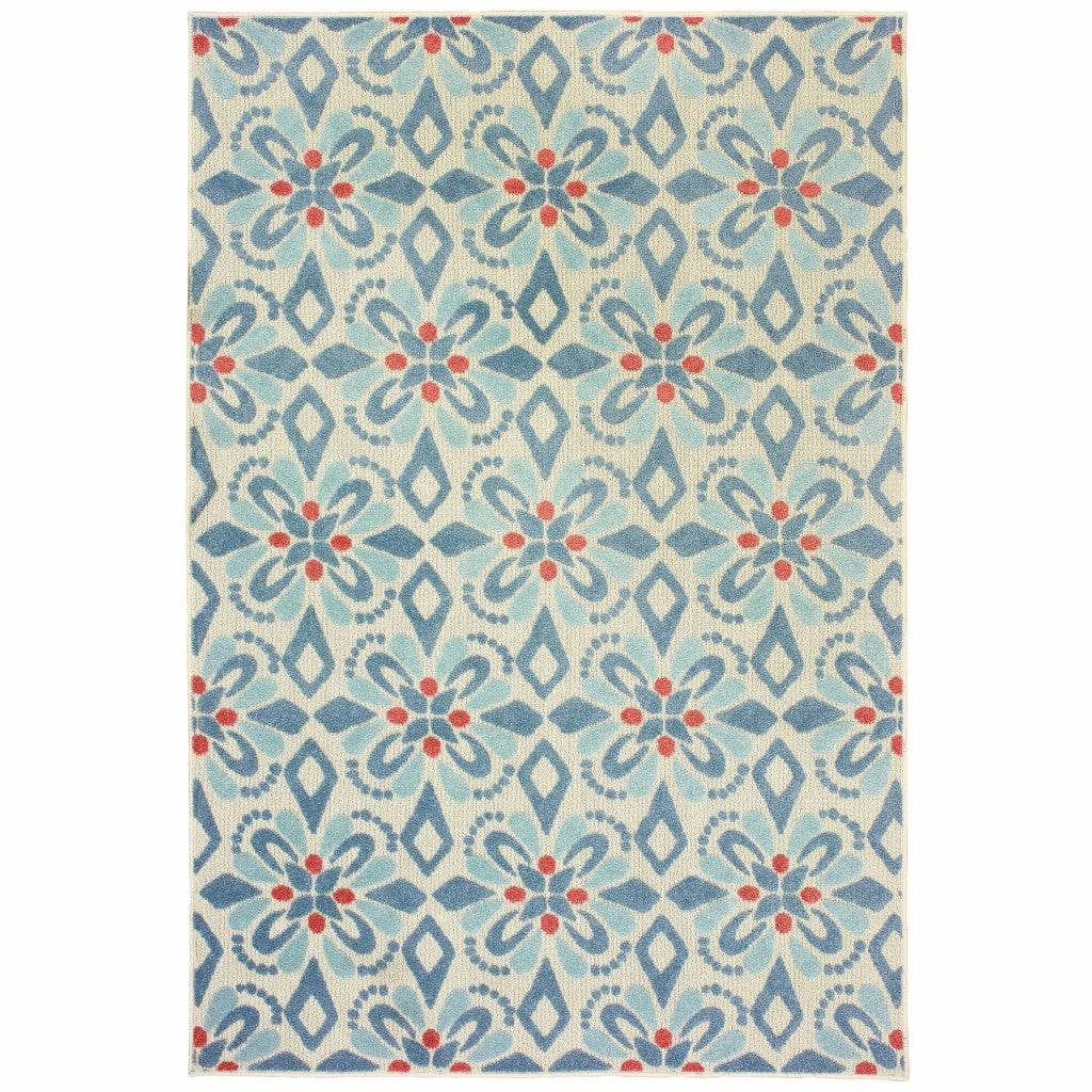 7' x 10' Ivory Blue Global Geo Tile Indoor Outdoor Area Rug