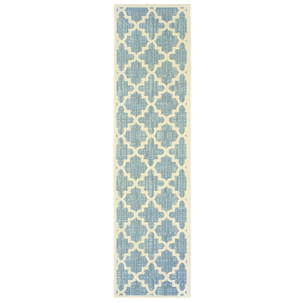 8' Tropical Light Blue and Ivory Quatrafoil Indoor Outdoor Runner Rug
