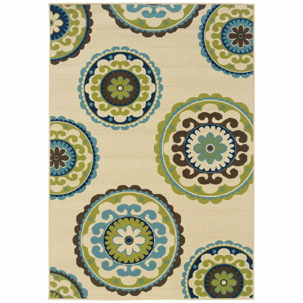 9' x 13' Ivory Indigo and Lime Medallion Disc Indoor Outdoor Area Rug