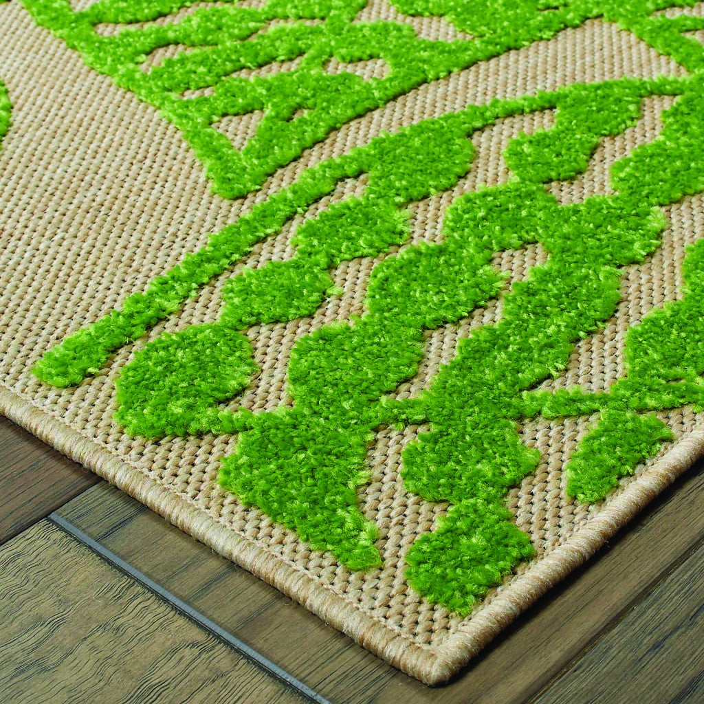 8' Sand and Lime Green Leaves Indoor Outdoor Runner Rug