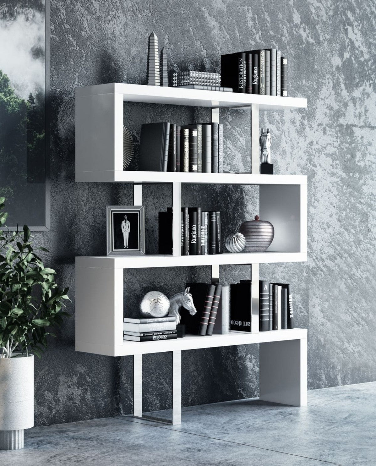 Contemporary High Gloss White Zig Zag Bookcase