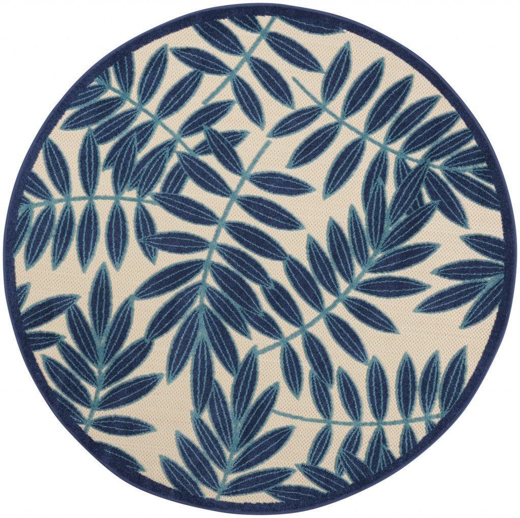 4’ Round Navy and Beige Leaves Indoor Outdoor Area Rug