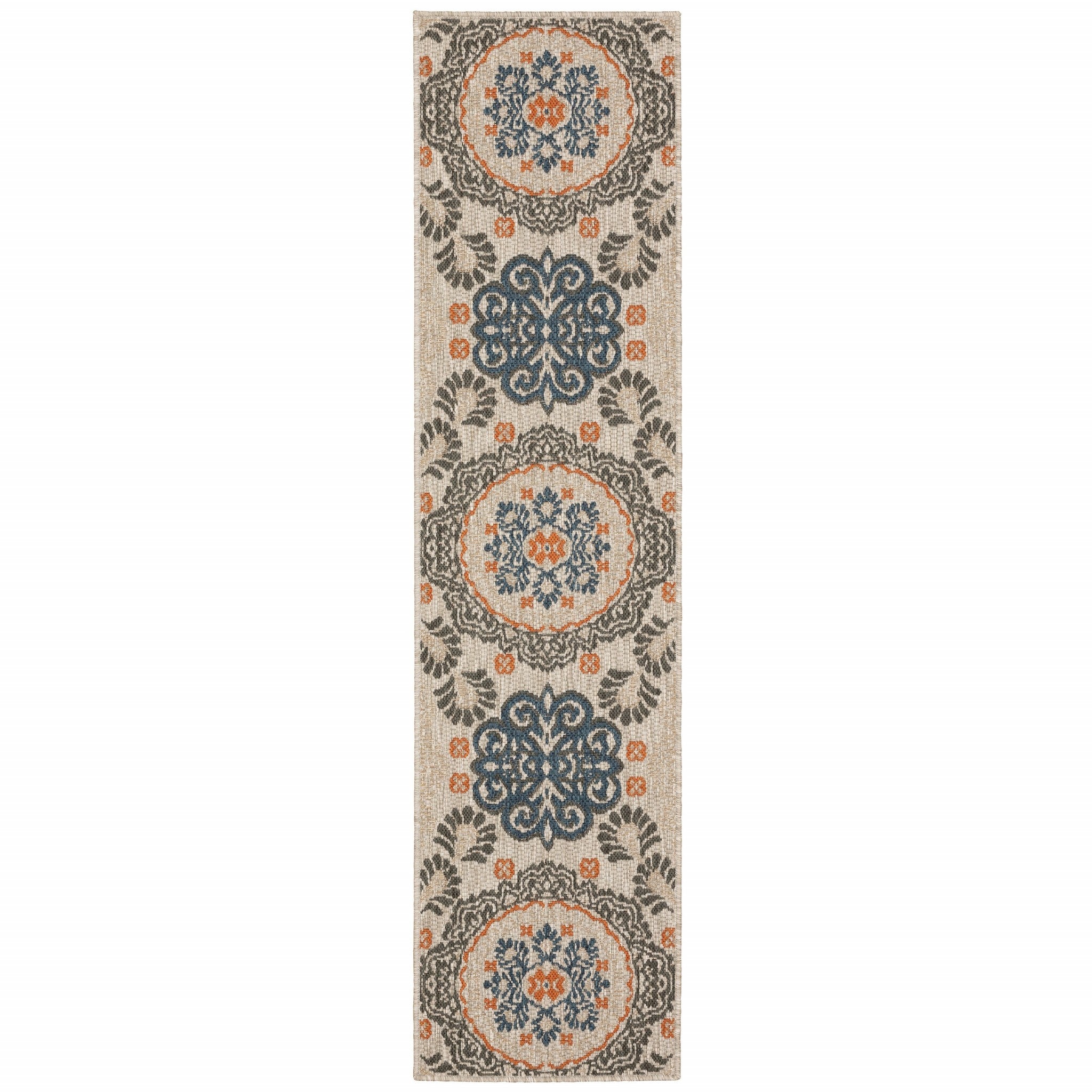 8' Grey Blue  Floral Indoor Outdoor Runner Rug