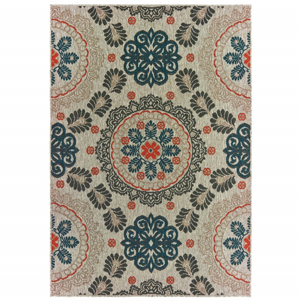 3' x 5' Grey Blue Floral Indoor Outdoor Area Rug