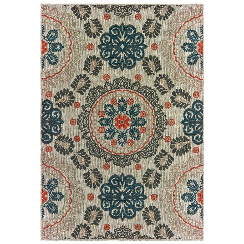 6' x 9' Grey Blue Floral Indoor Outdoor Area Rug