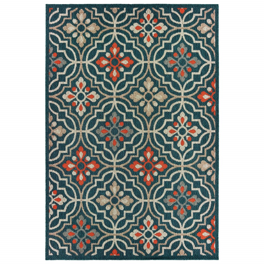 10'x13' Blue Orange Floral Lattice Indoor Outdoor Area Rug