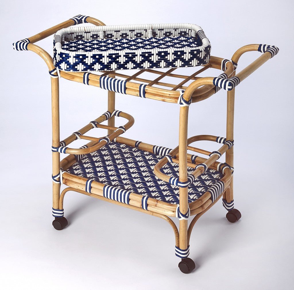 Blue and White Rattan Bar Cart