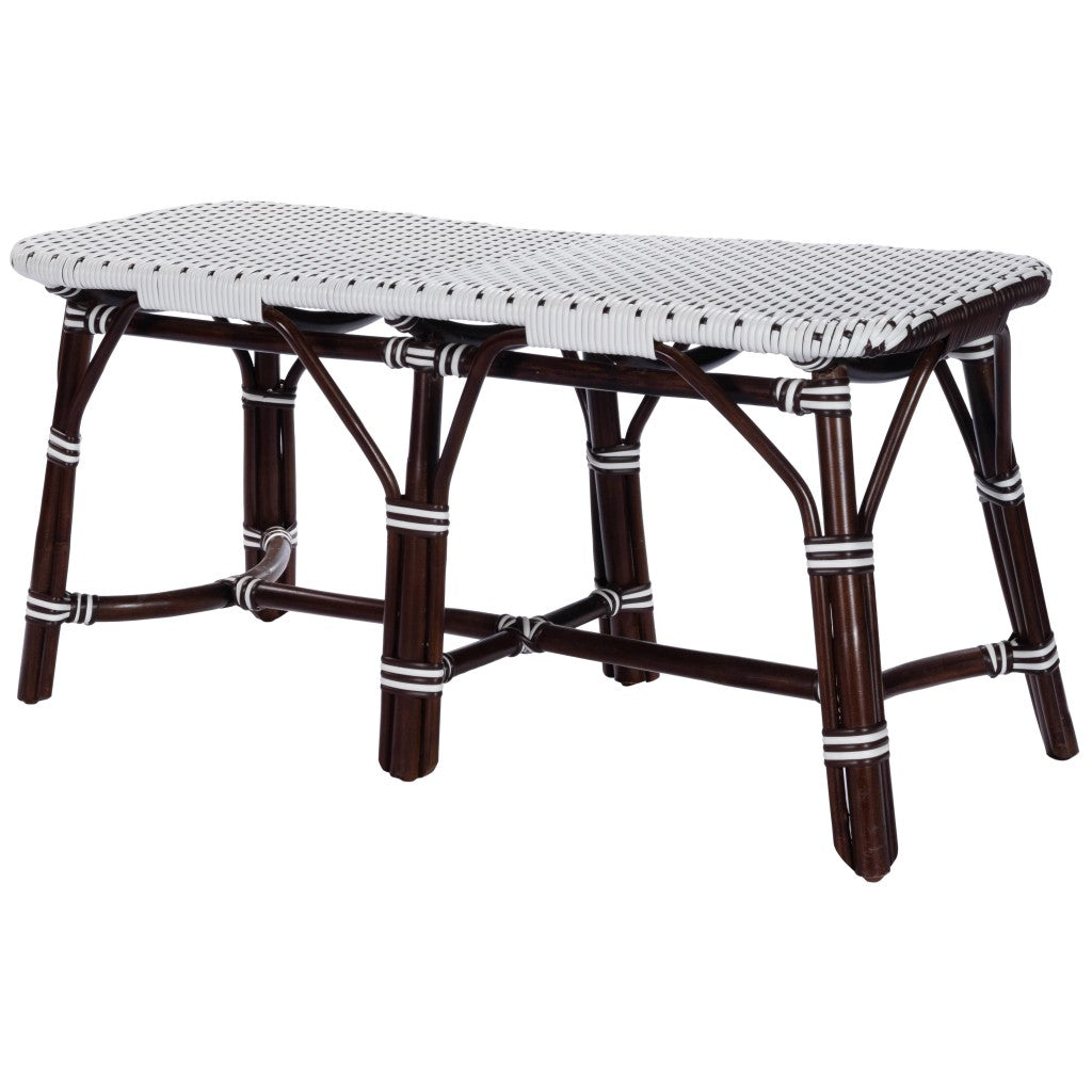 Dark Brown and White Rattan Bench