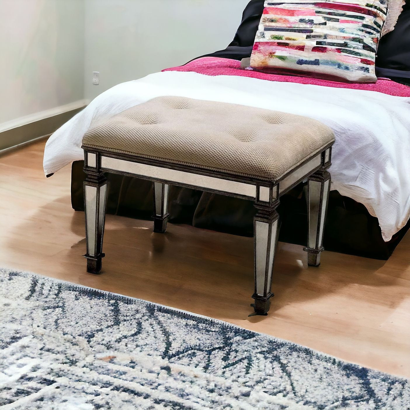 Ivory and Mirror Vanity Bench