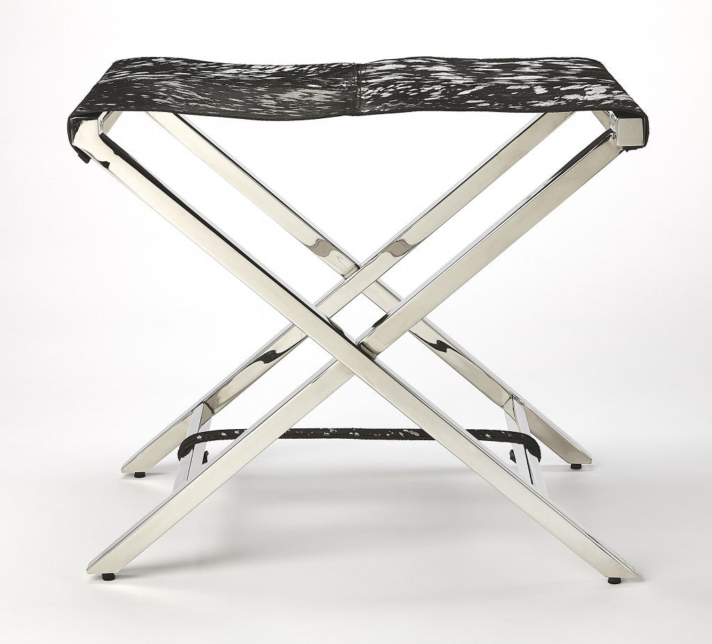 Stainless Steel Black and White Leather Portable Stool