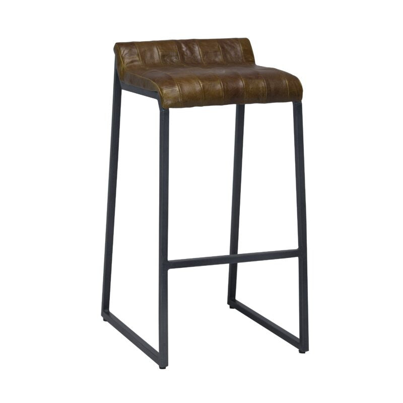 Modern Vintage Brown Leather and Iron Bar Stool