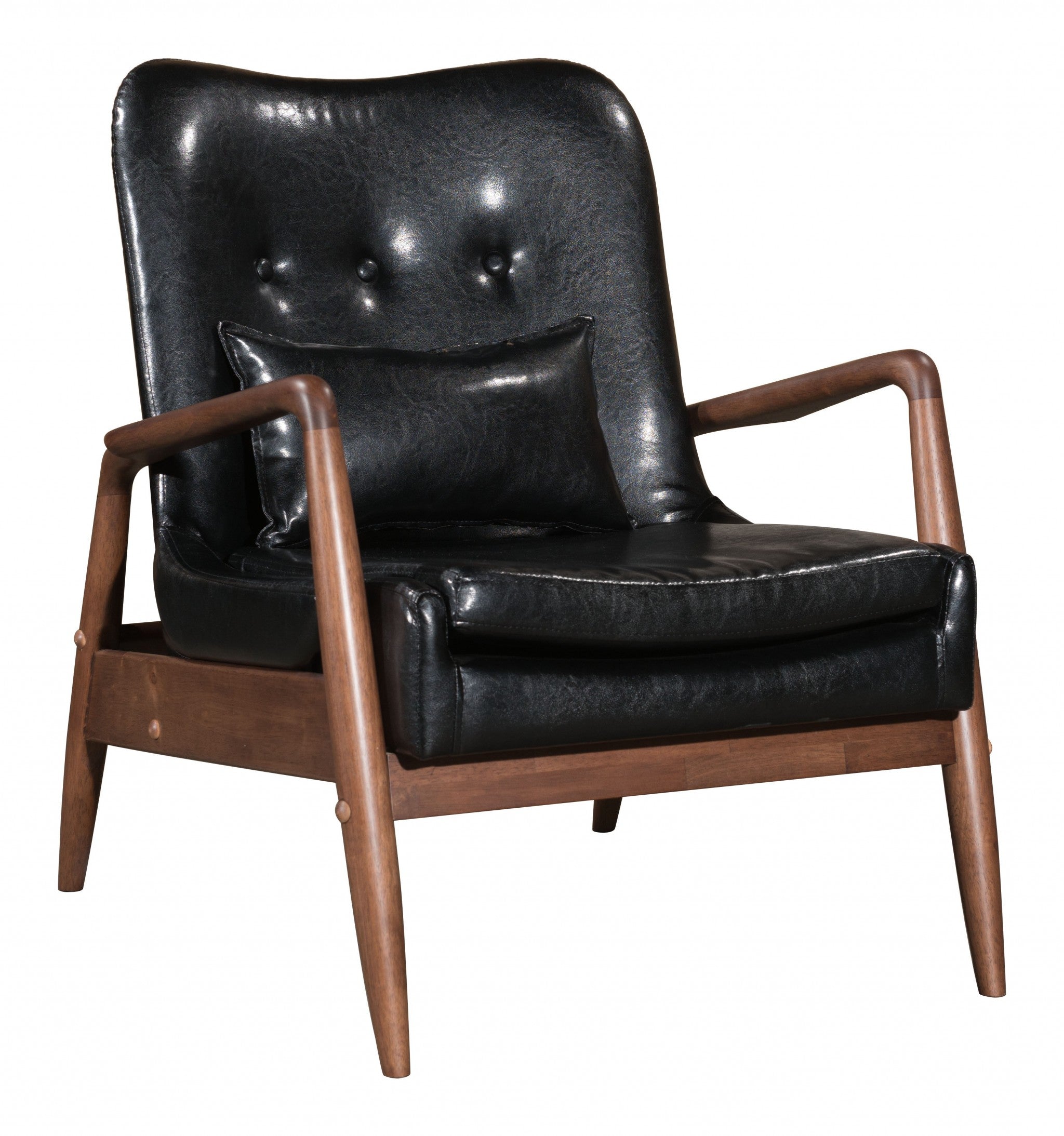 Walnut and Black Faux Leather Modern Retro Chair and Ottoman Set