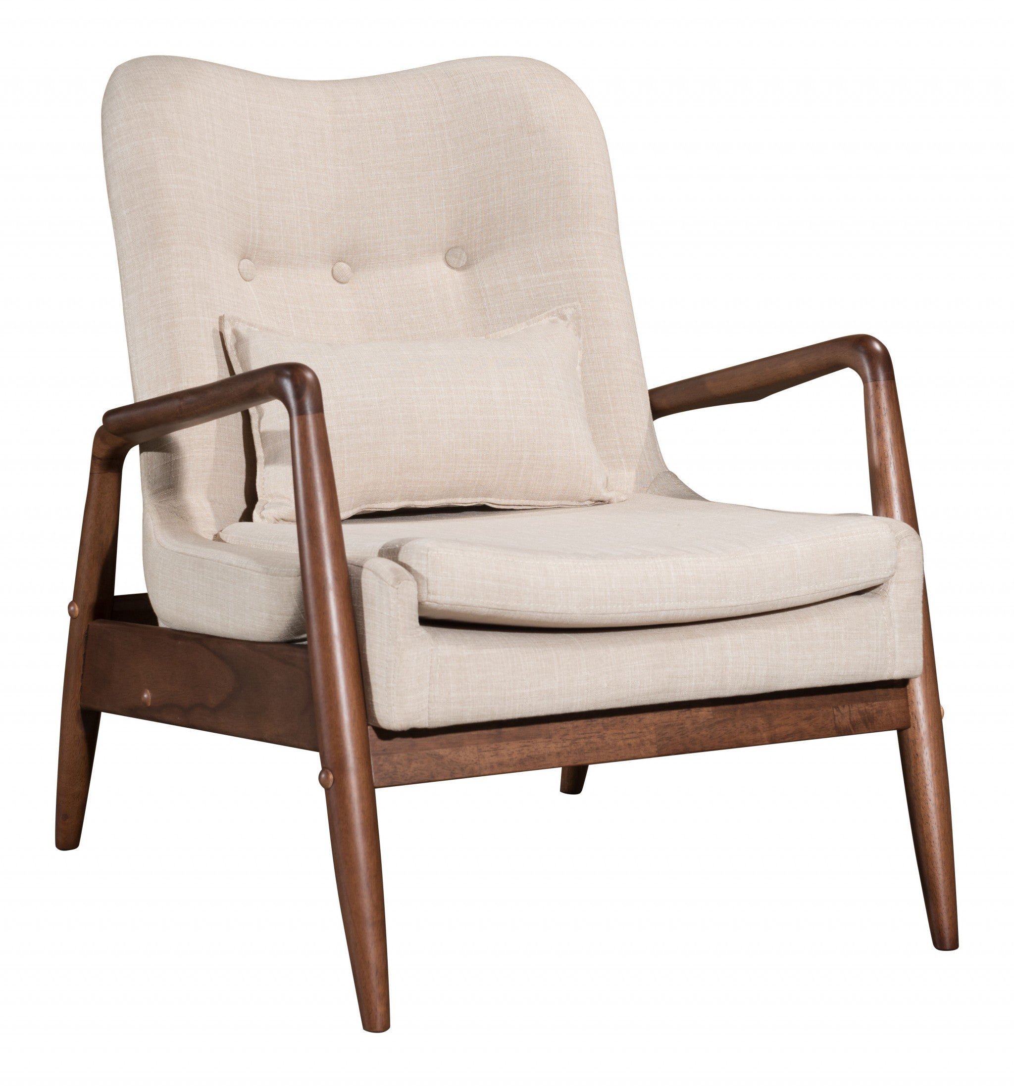 Walnut and Beige Linen Look Modern Retro Chair and Ottoman Set