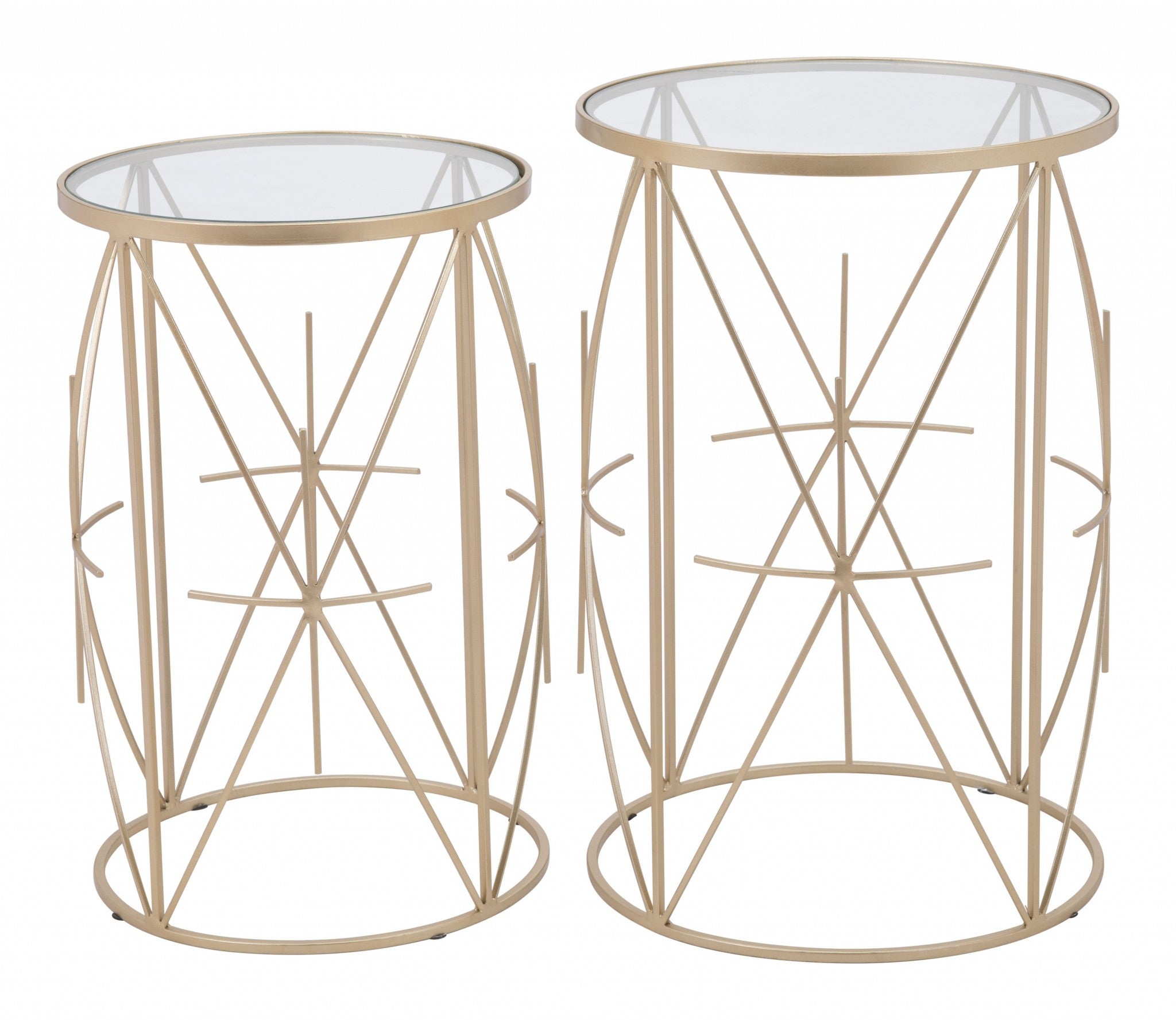 Set of Two Geometric Gold and Glass Side Tables