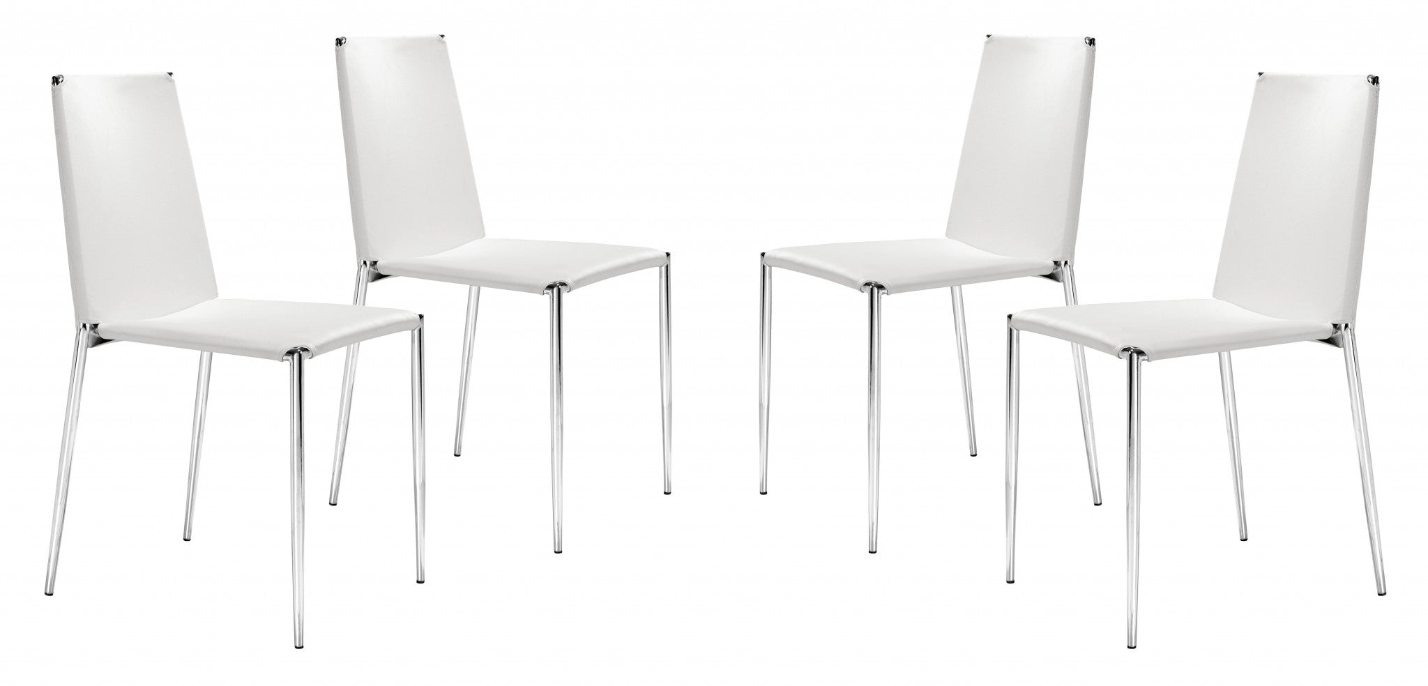 Set of Four White Faux Leather and Steel Standard Stackable Dining or Accent Chairs