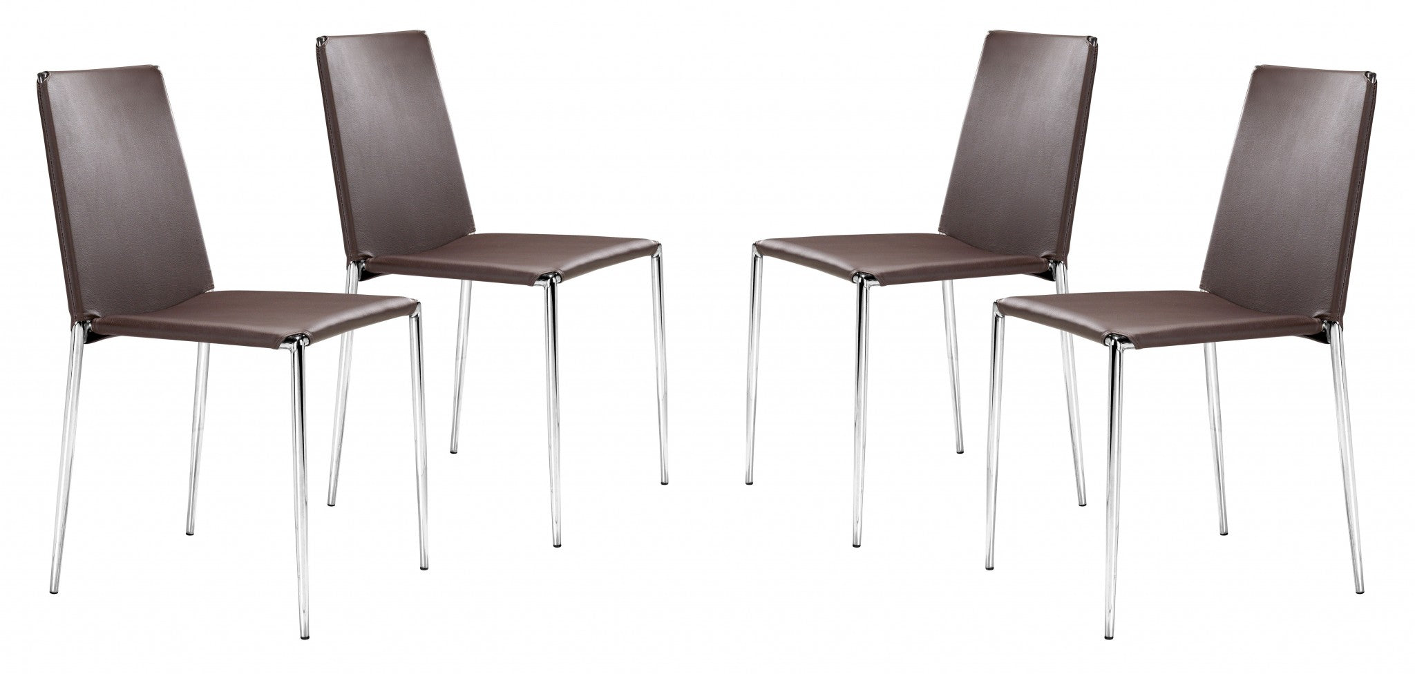 Set of Four Brown Faux Leather and Steel Standard Stackable Dining or Accent Chairs