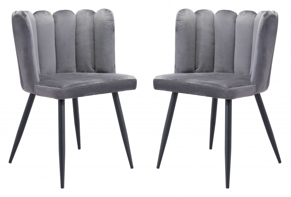 Set of Two Gray Velvet Glam Clam Dining Chairs