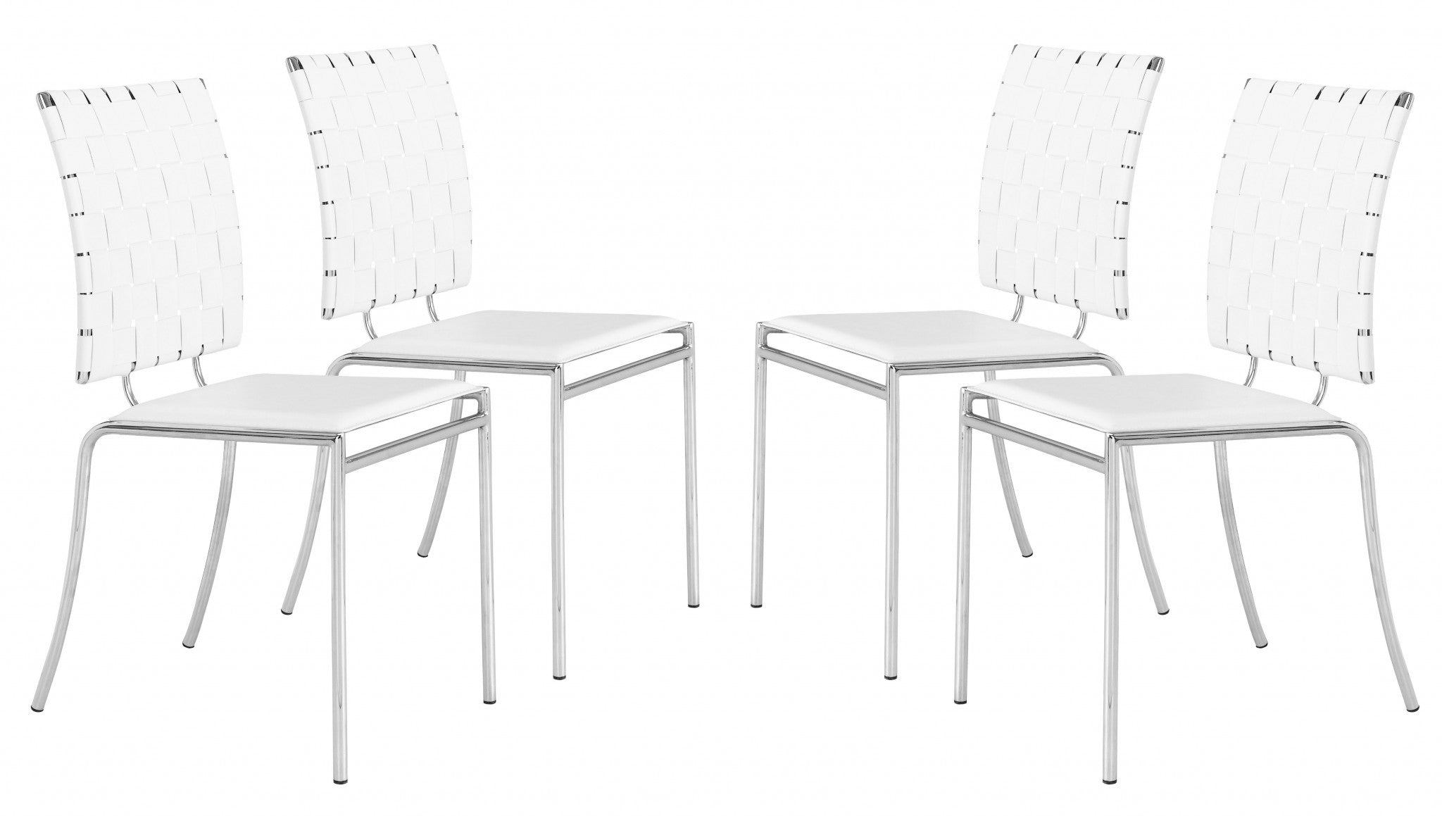 Set of Four White Faux Leather and Steel Modern Basket Weave Dining Chairs