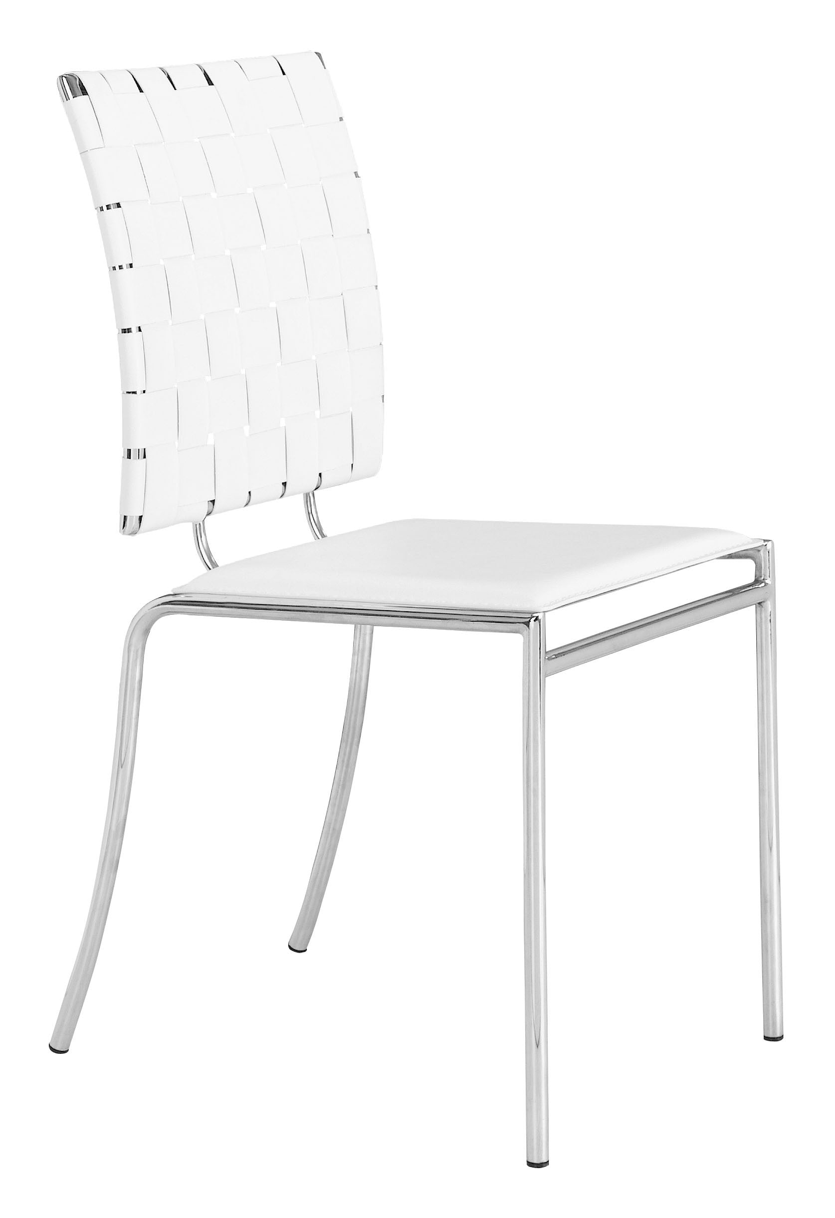 Set of Four White Faux Leather and Steel Modern Basket Weave Dining Chairs