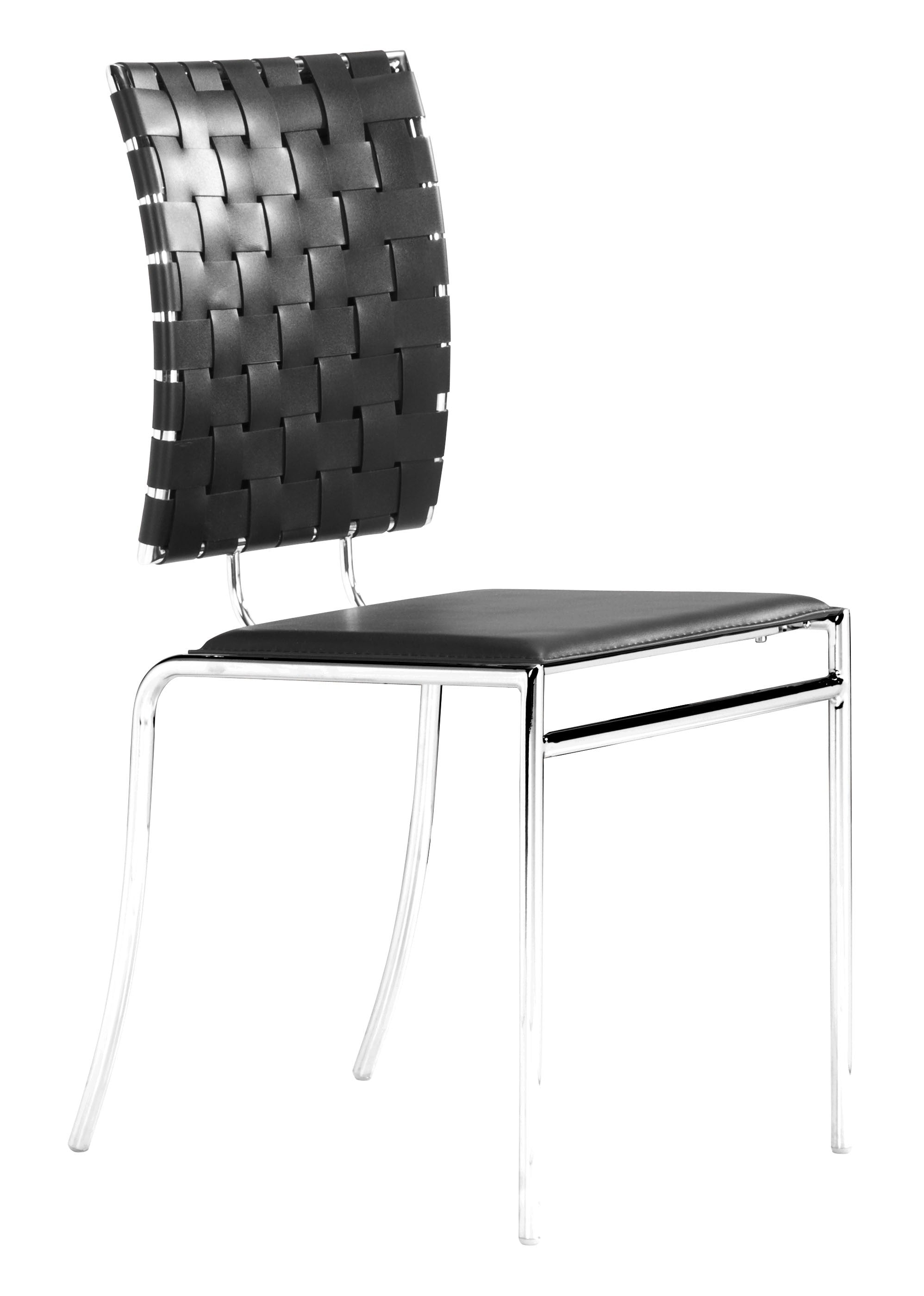 Set of Four Black Faux Leather and Steel Modern Basket Weave Dining Chairs