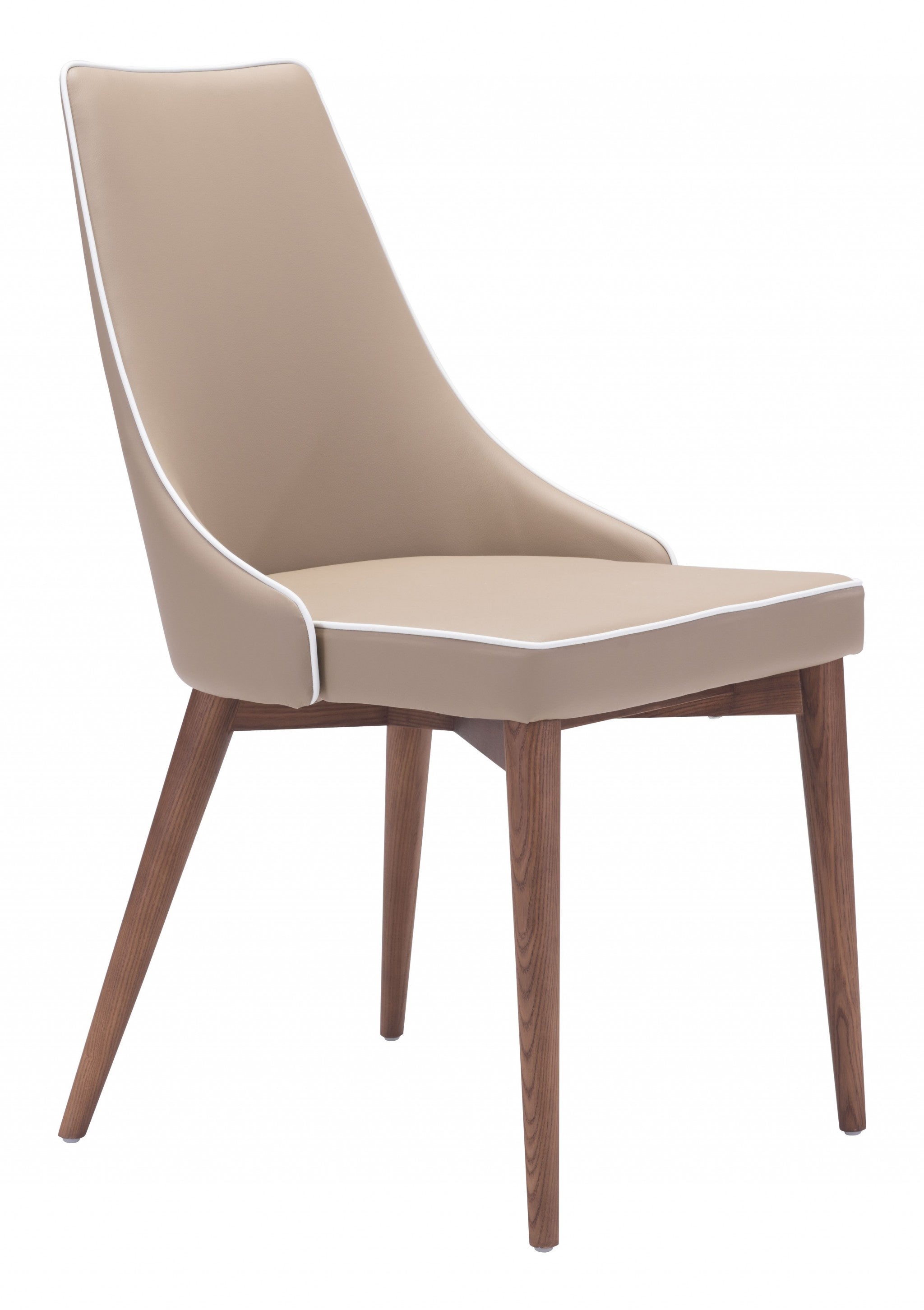 Set of Two Beige with White Piping and Walnut Dining Chairs