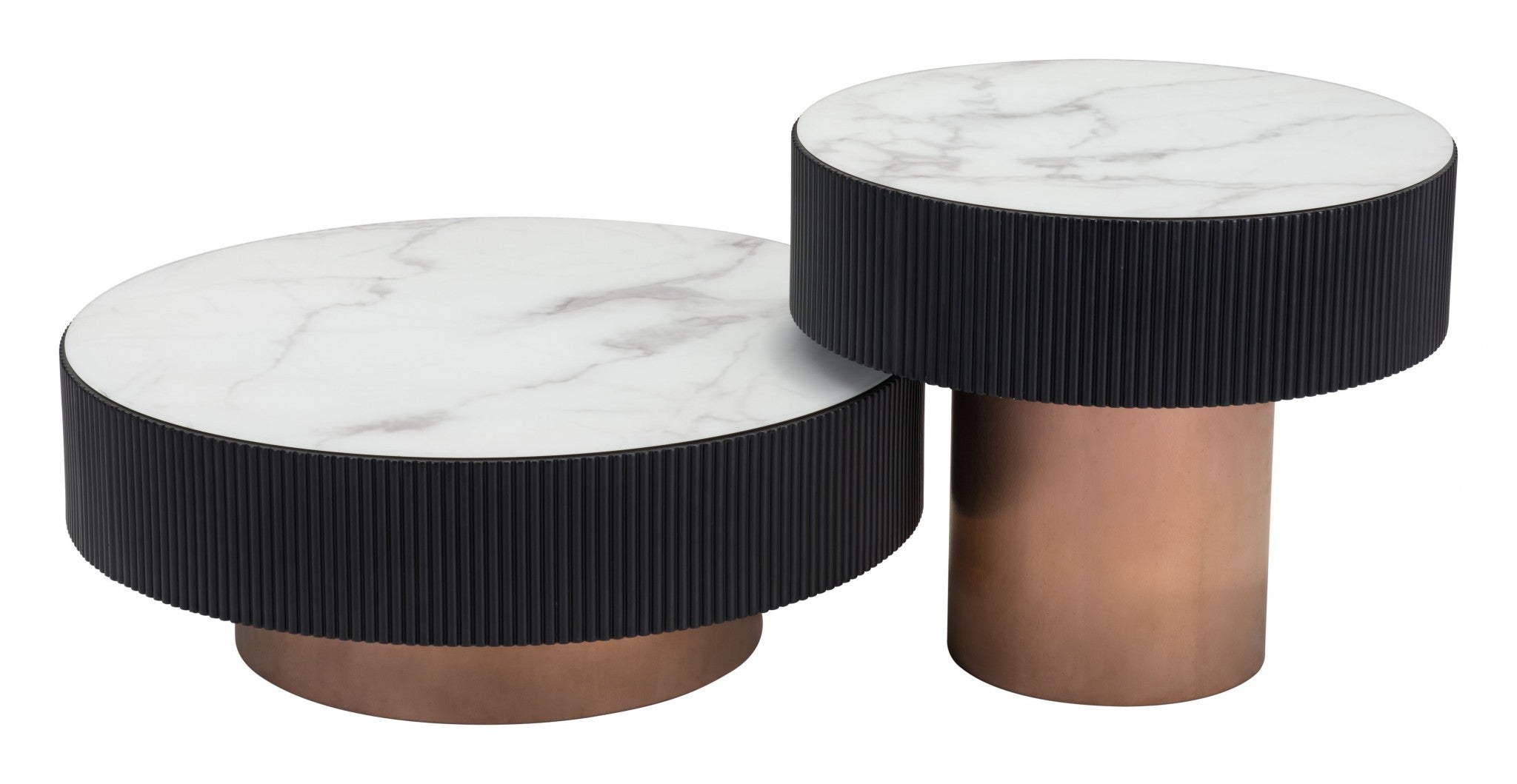 Set of Two White Marble and Black Base Tables