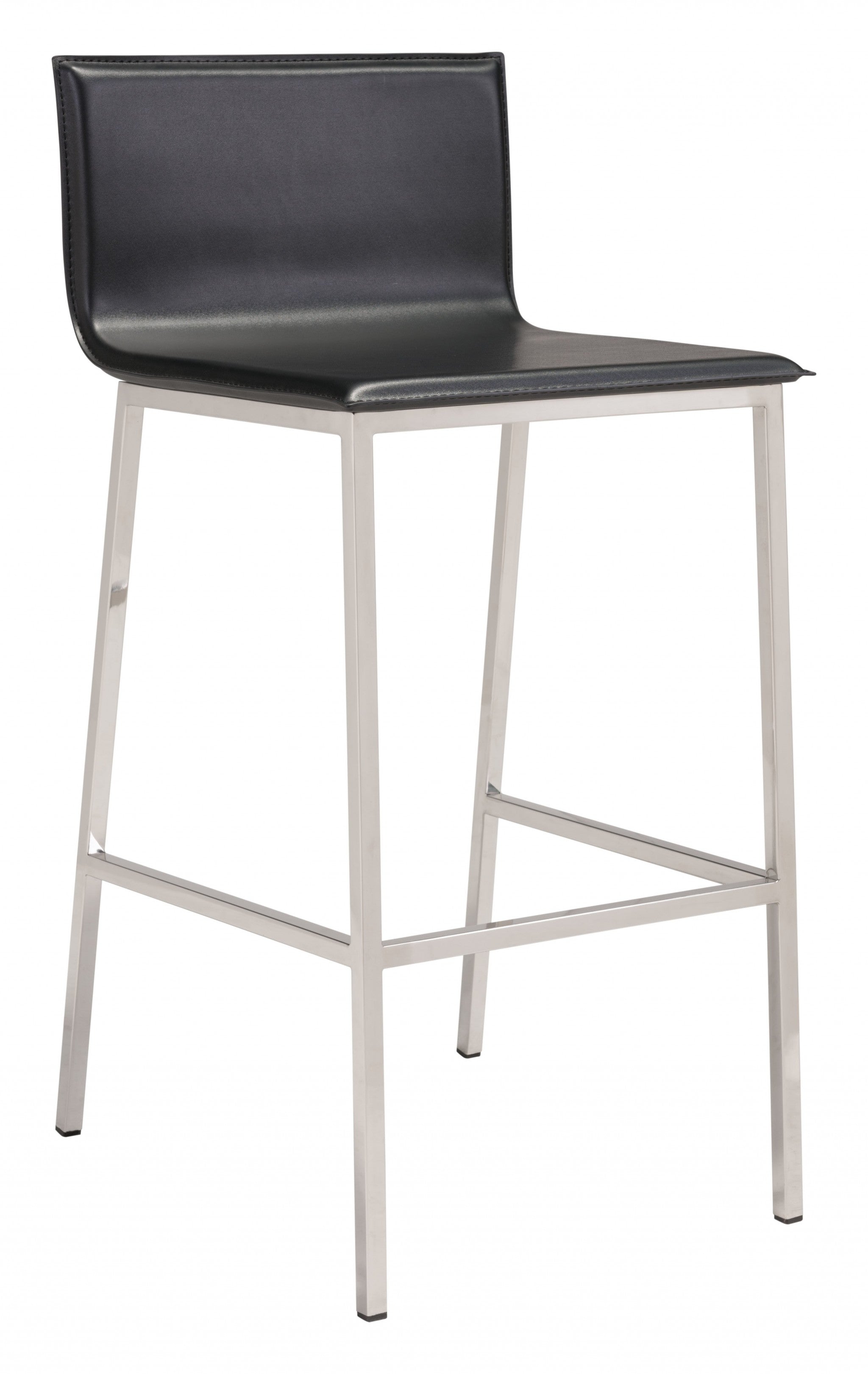 Set of Two Designer Black Faux Leather and Steel Barstools